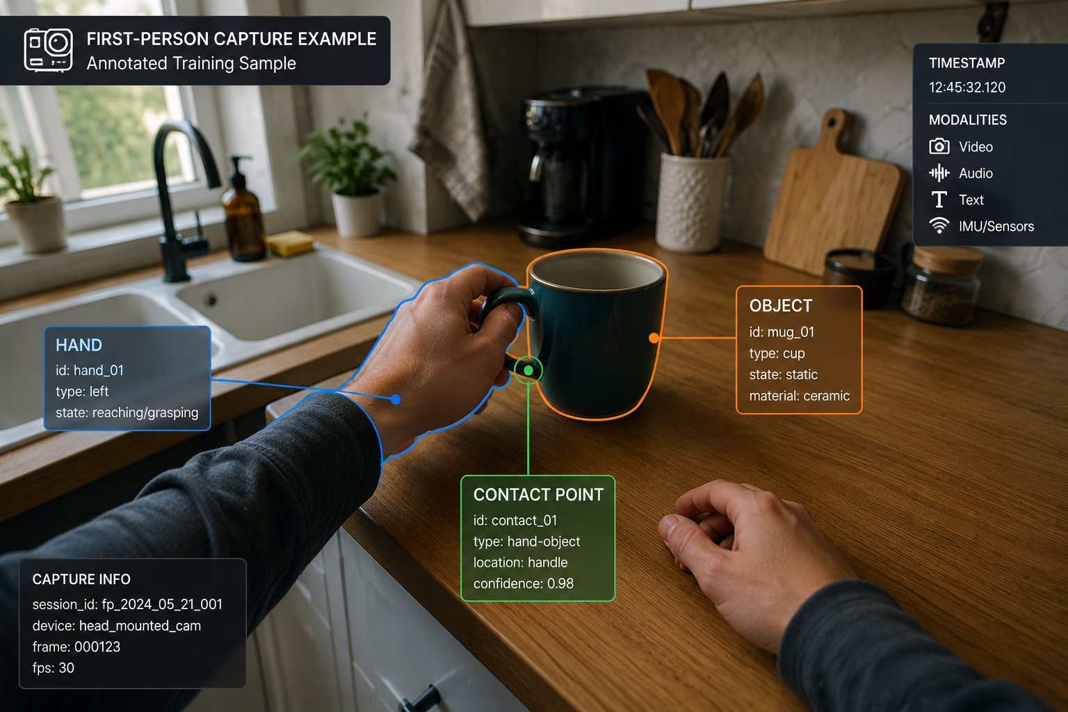 Annotated first-person training data example showing a hand grasping a mug with labeled callouts identifying the hand, object, and contact point, illustrating how multimodal AI training data is prepared before model training.