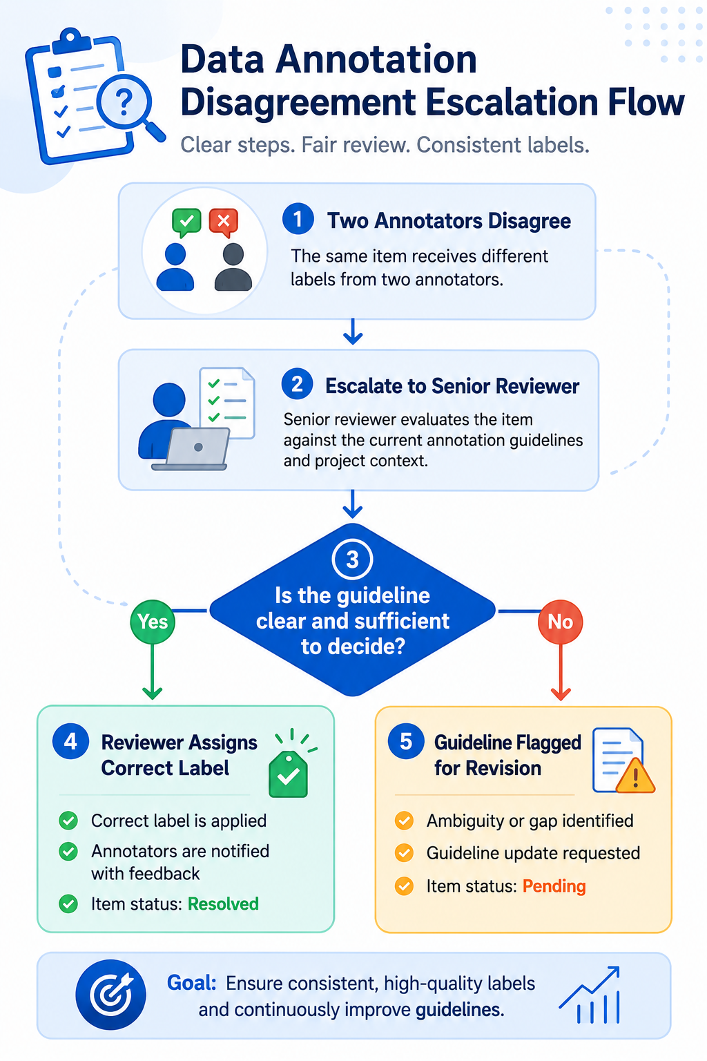 Flowchart of the data annotation disagreement escalation and review path