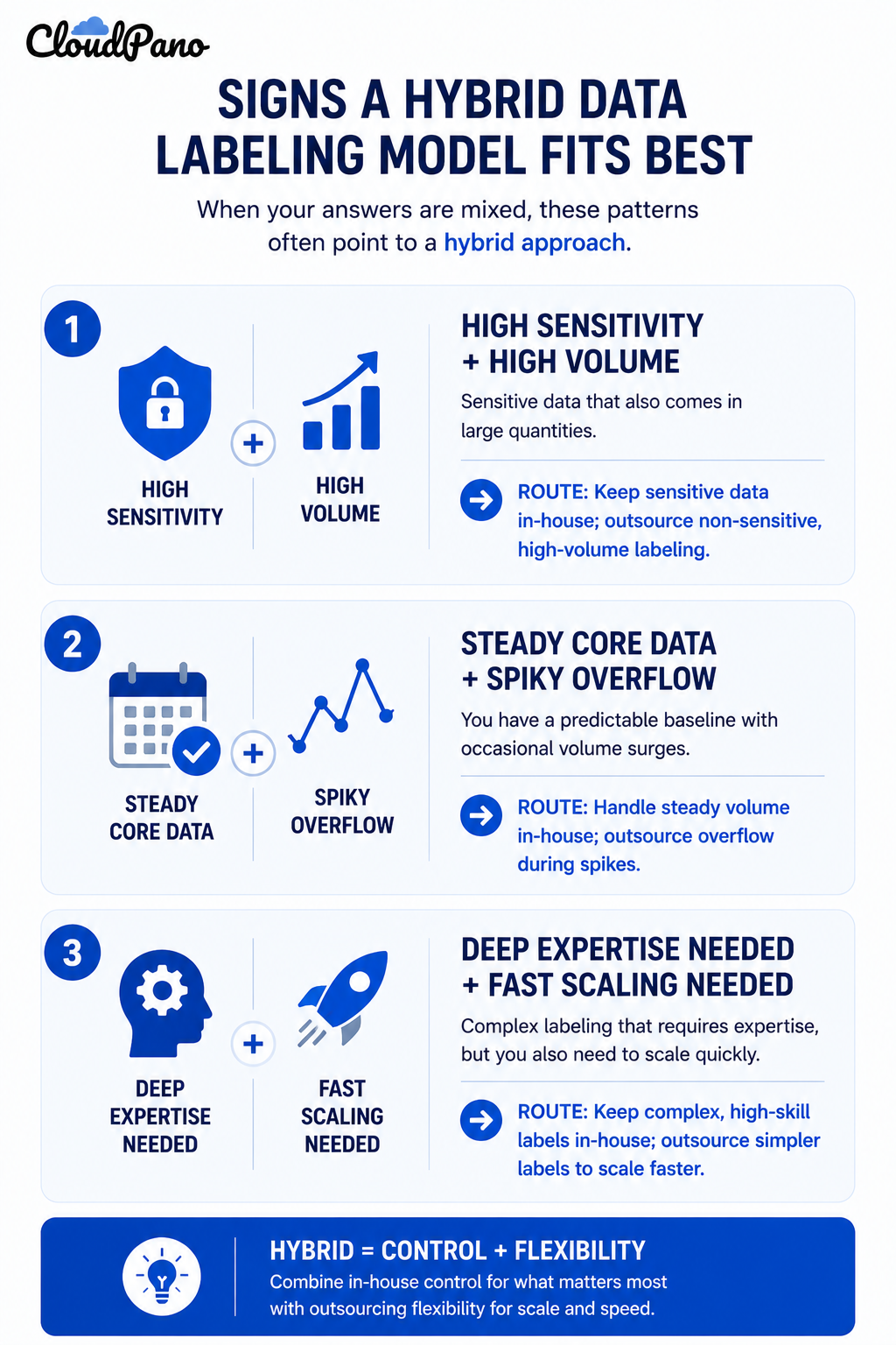 Infographic showing signals that a hybrid data labeling model fits best