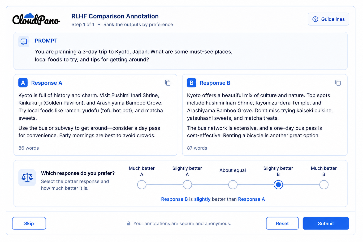 Illustration of an RLHF comparison annotation task ranking two model outputs