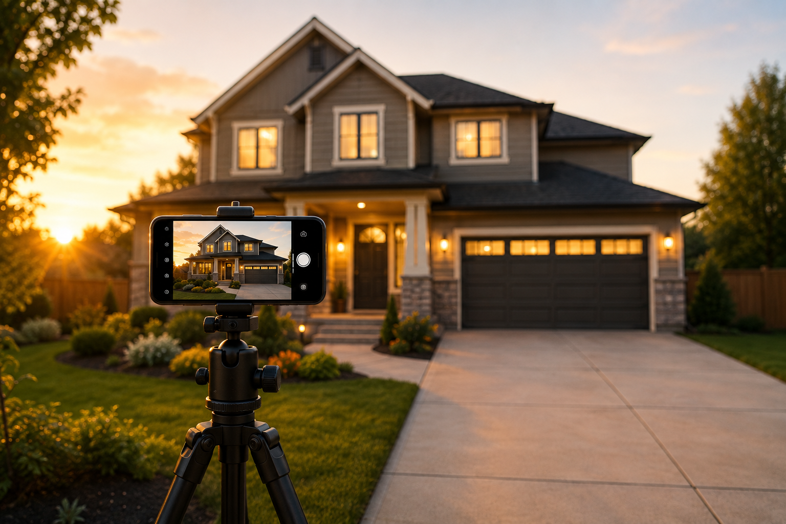 Real estate video maker capturing a home exterior at golden hour