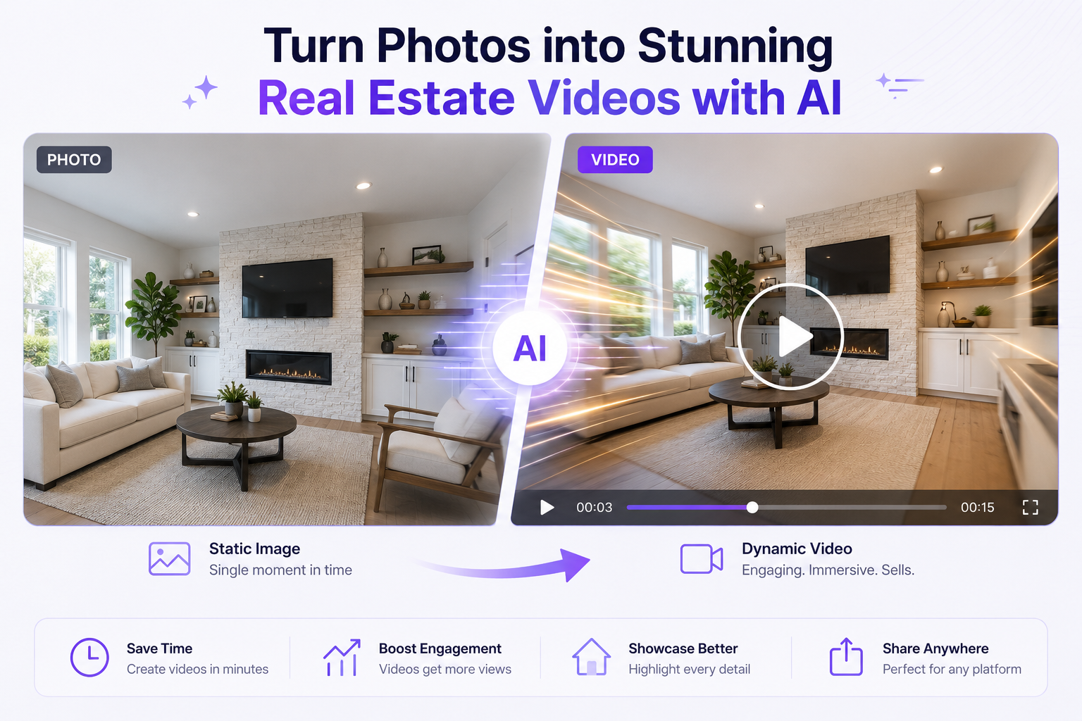 AI real estate video tool converting a static photo into video content