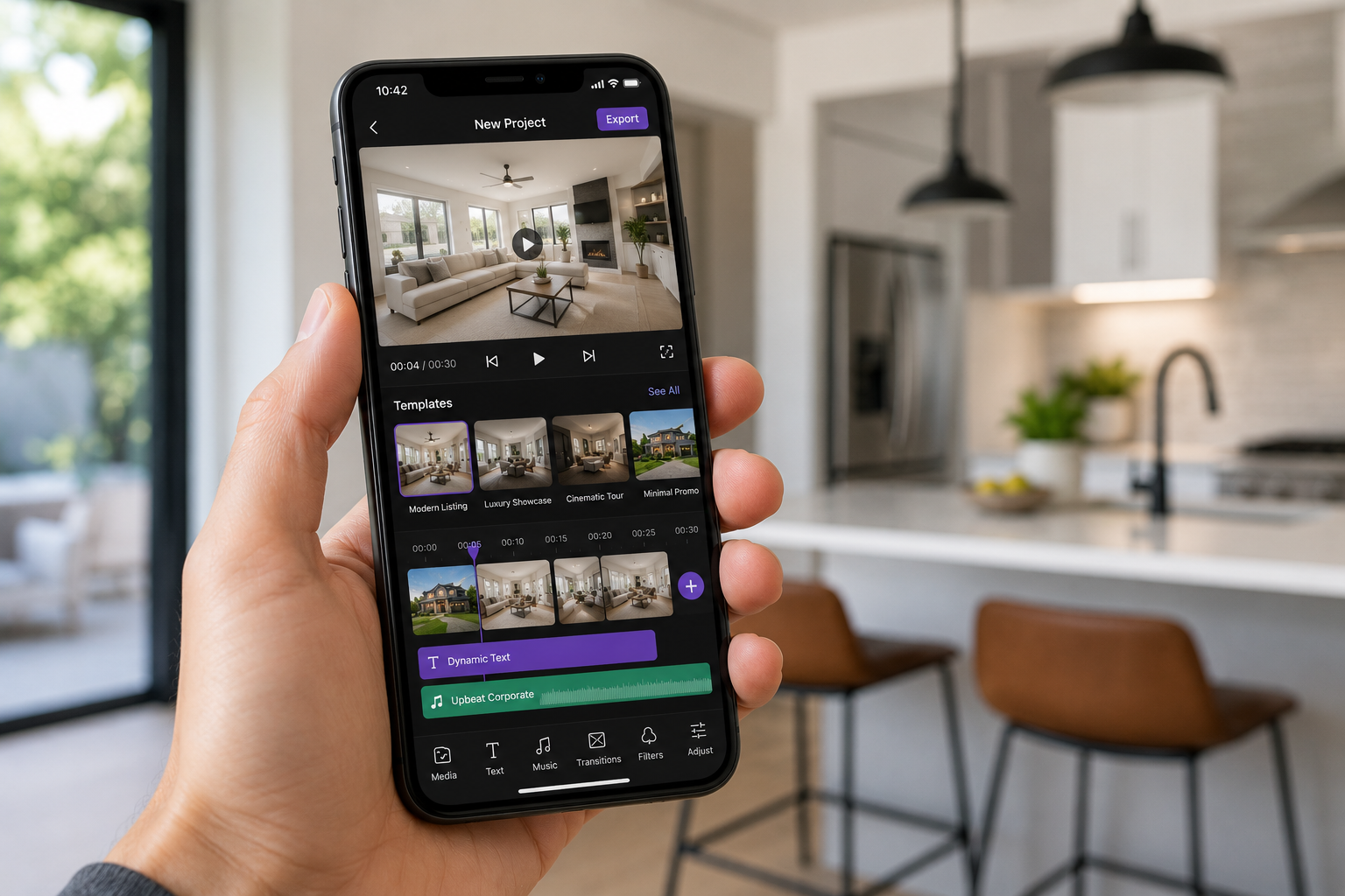 Real estate video creator app interface showing editing templates on a smartphone