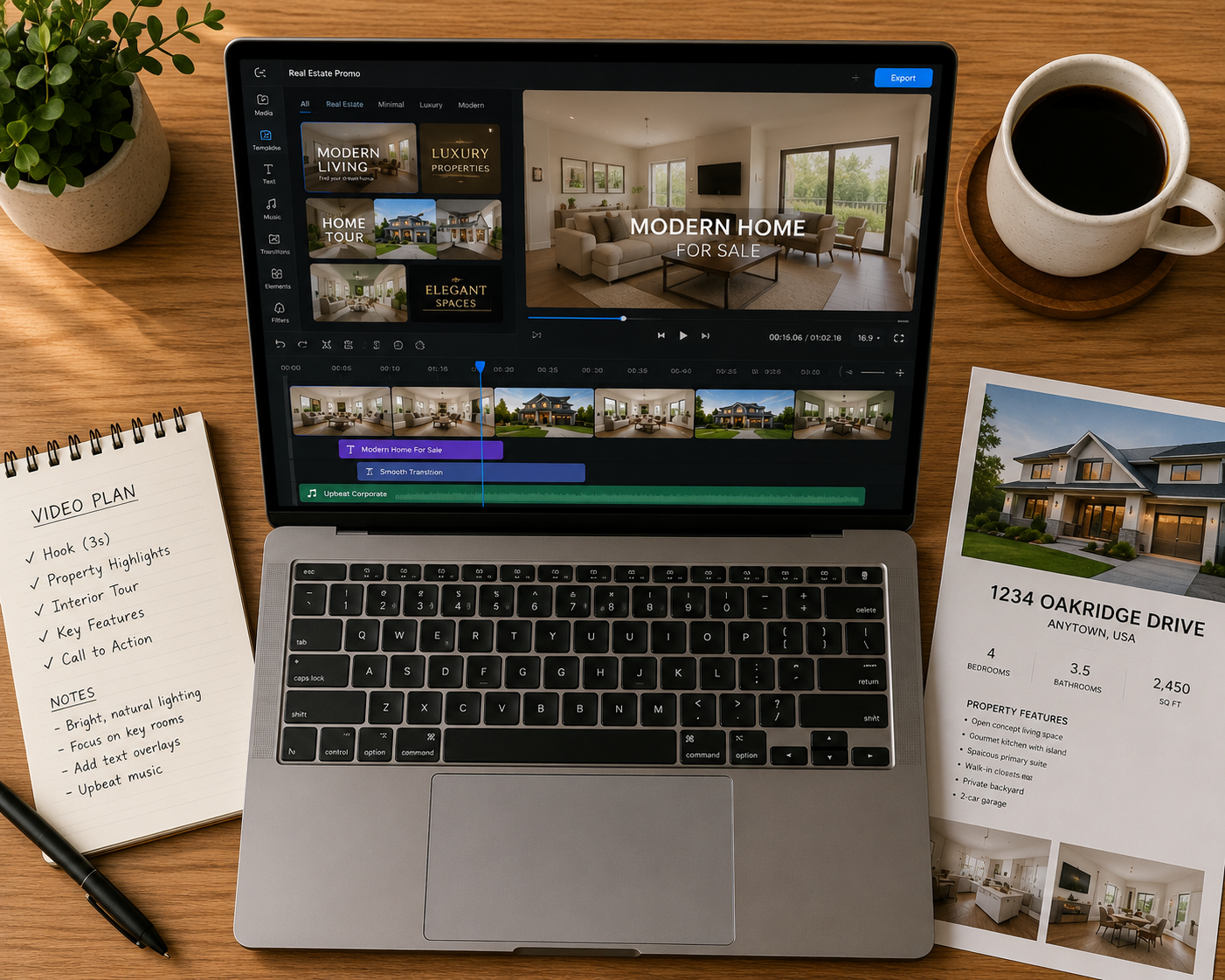 Agent performing real estate video editing on a laptop with listing photos