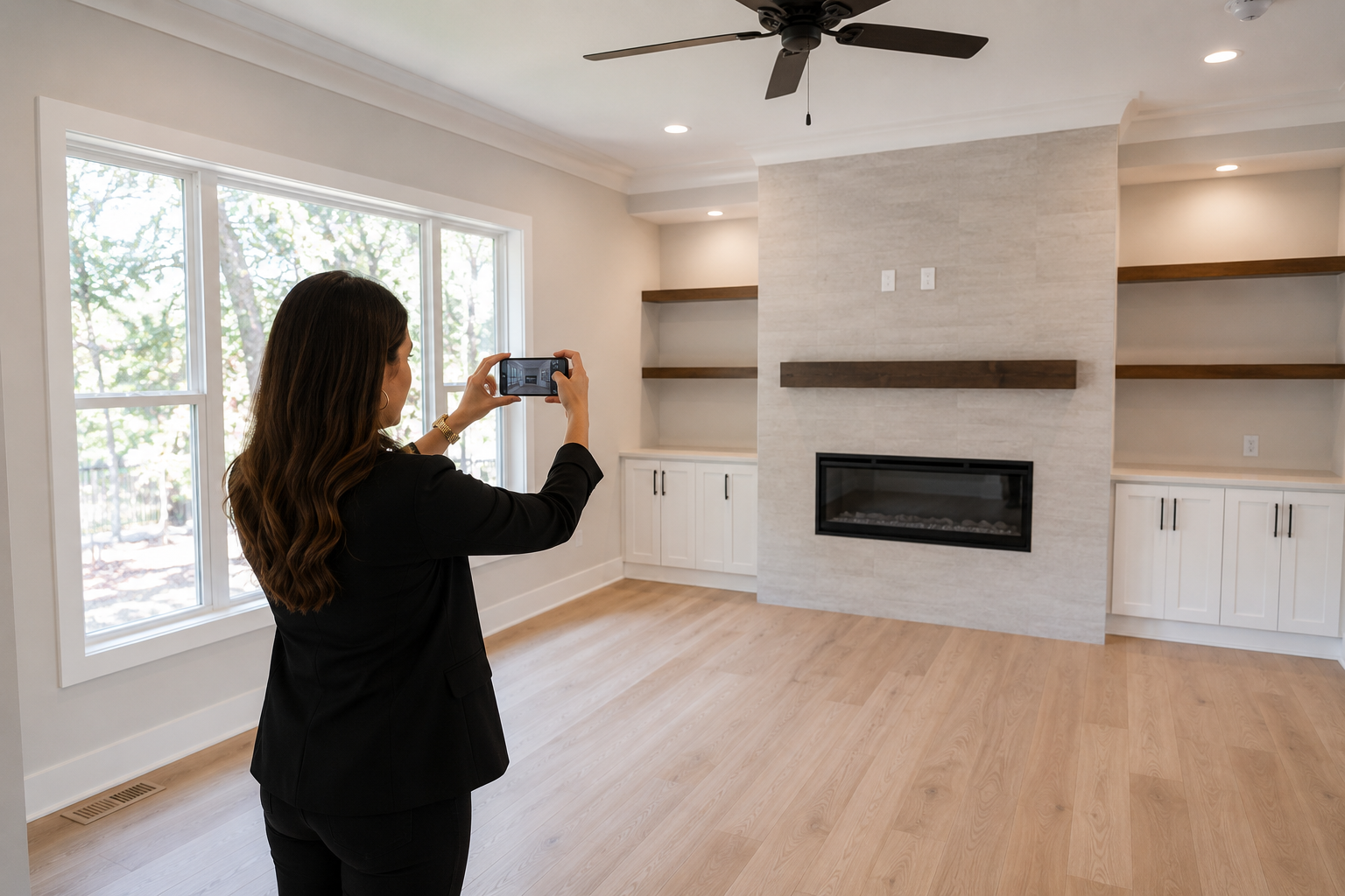 Agent using a mobile real estate video maker app during a property walkthrough
