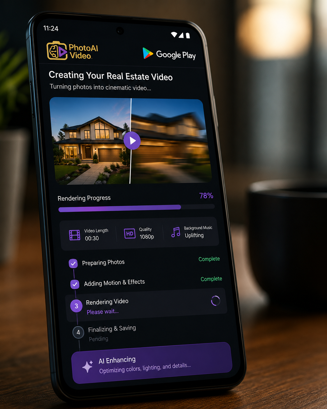 Real estate video creator app from Google Play converting listing photos into video