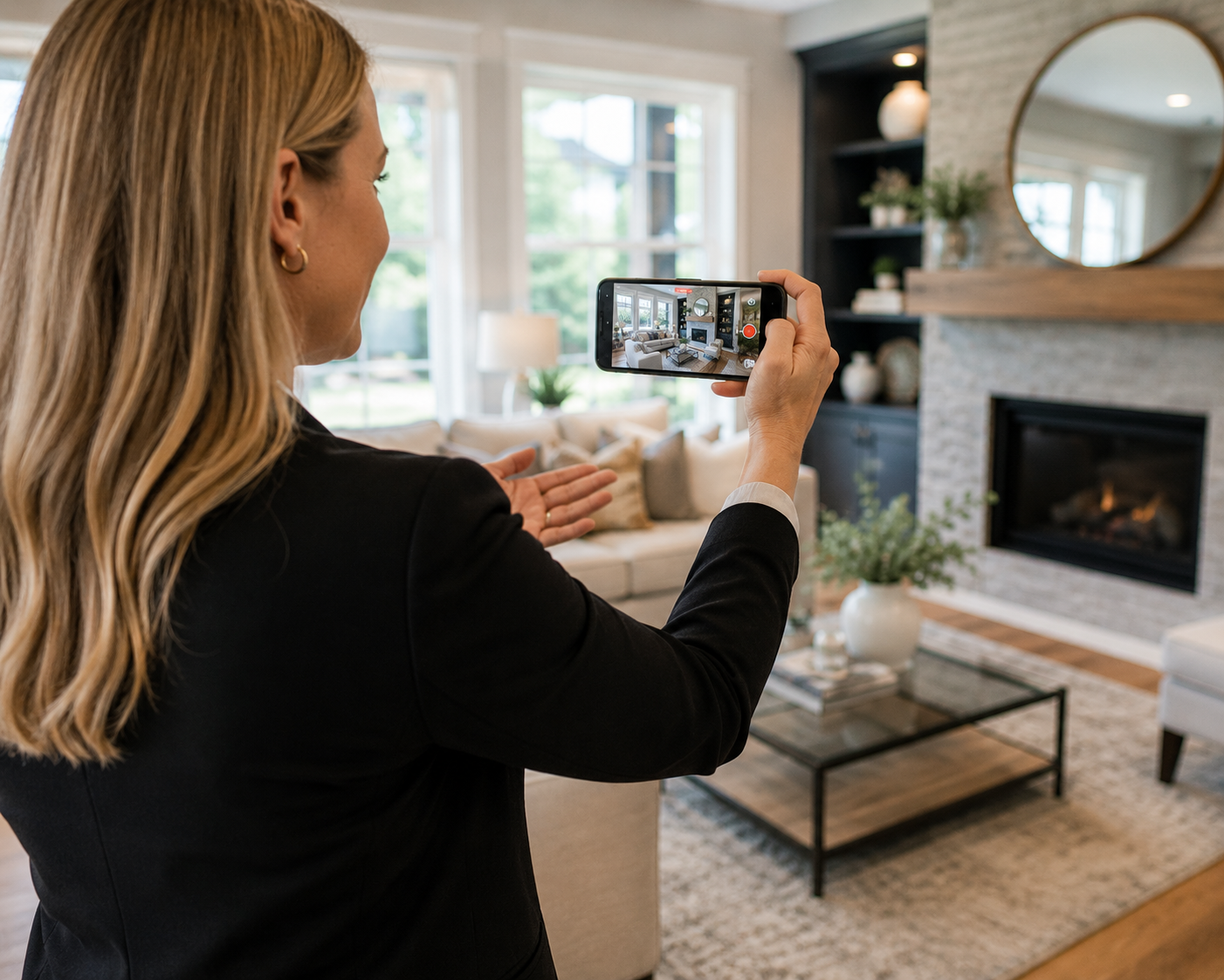 Agent using a real estate video maker app on Android during a listing walkthrough