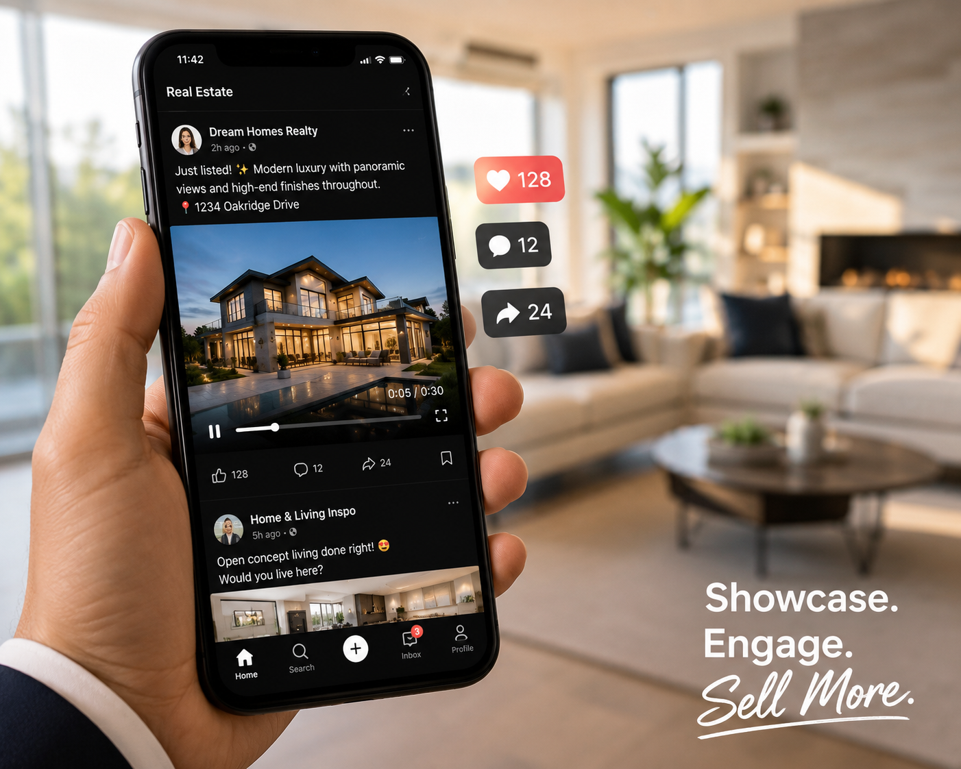 AI real estate video playing on a phone as part of a marketing feed