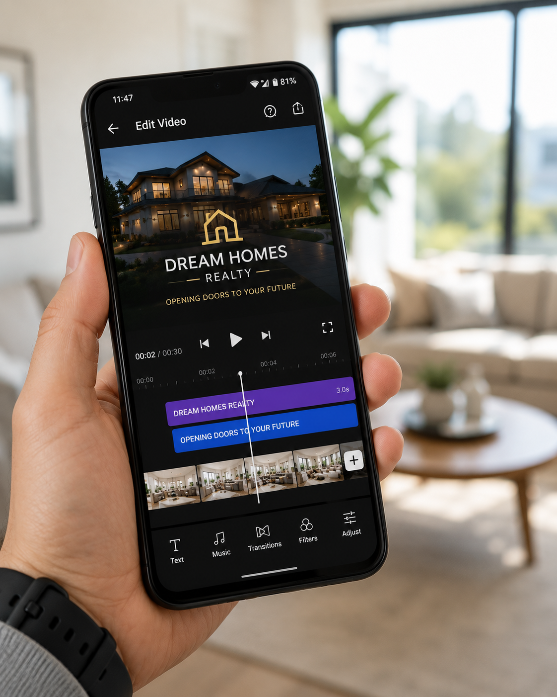Real estate video maker Android app editing a branded listing video