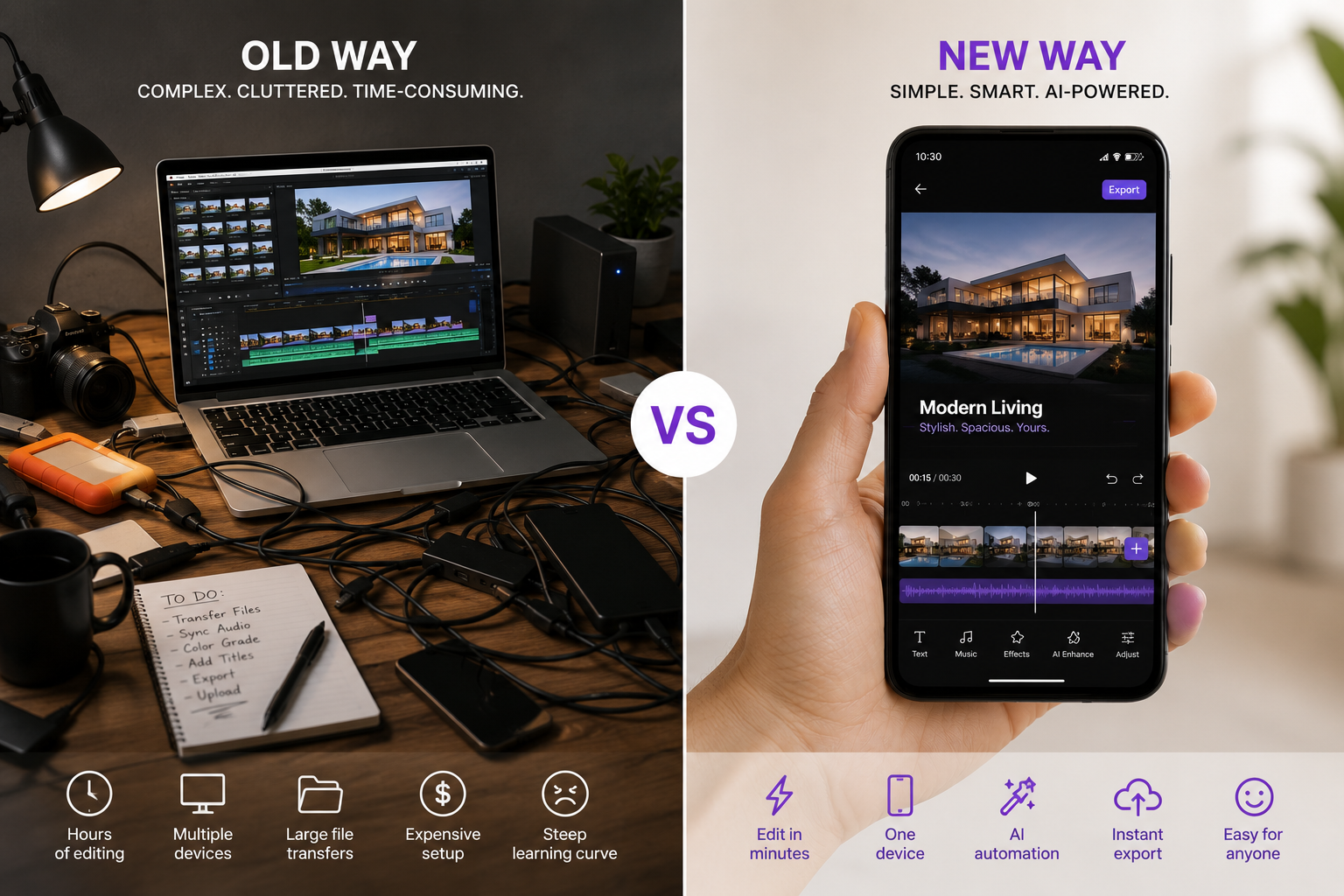 Comparing desktop real estate video editing to a simple phone-based workflow