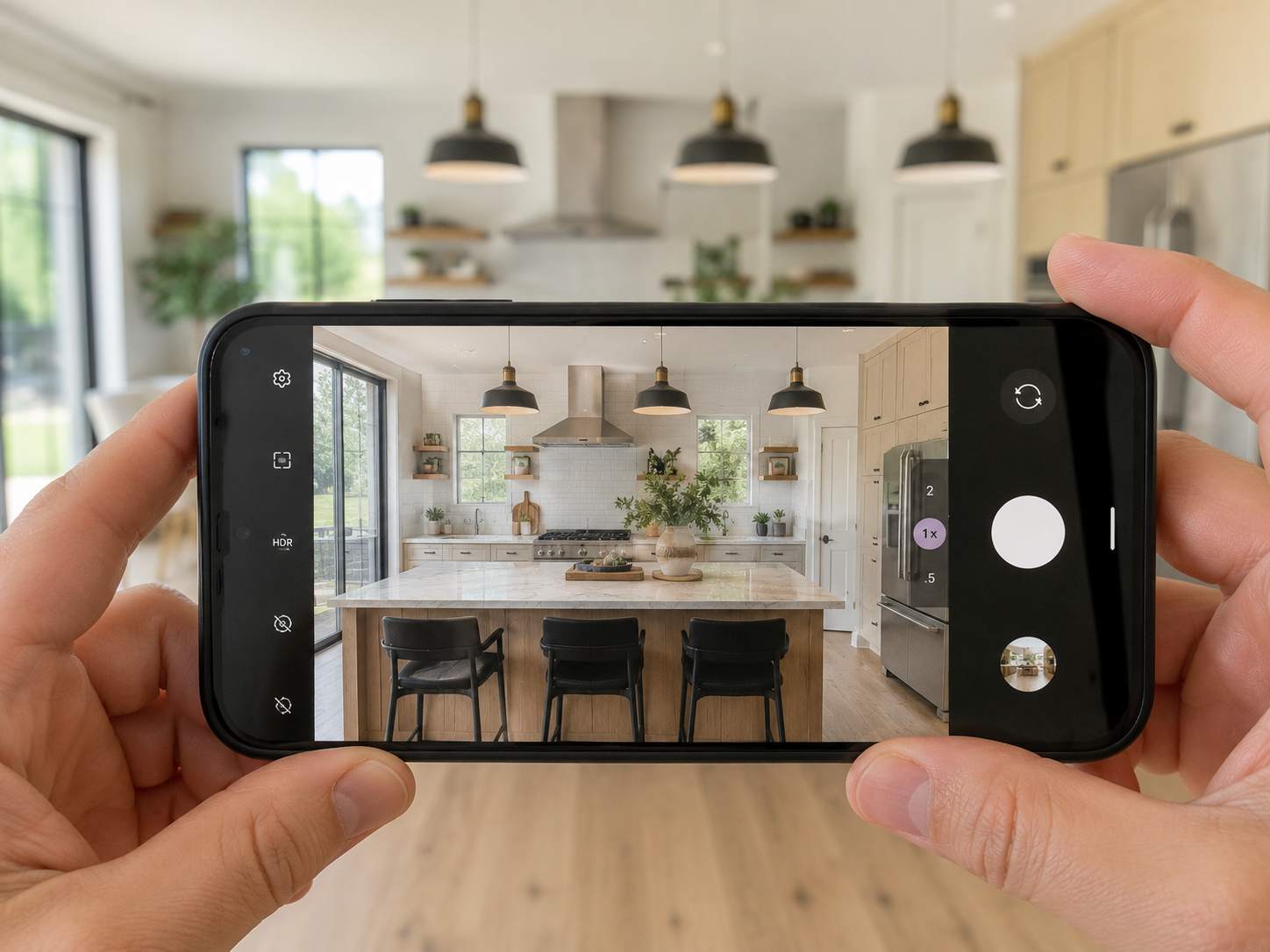 Shooting real estate video footage on a Pixel phone in a modern kitchen