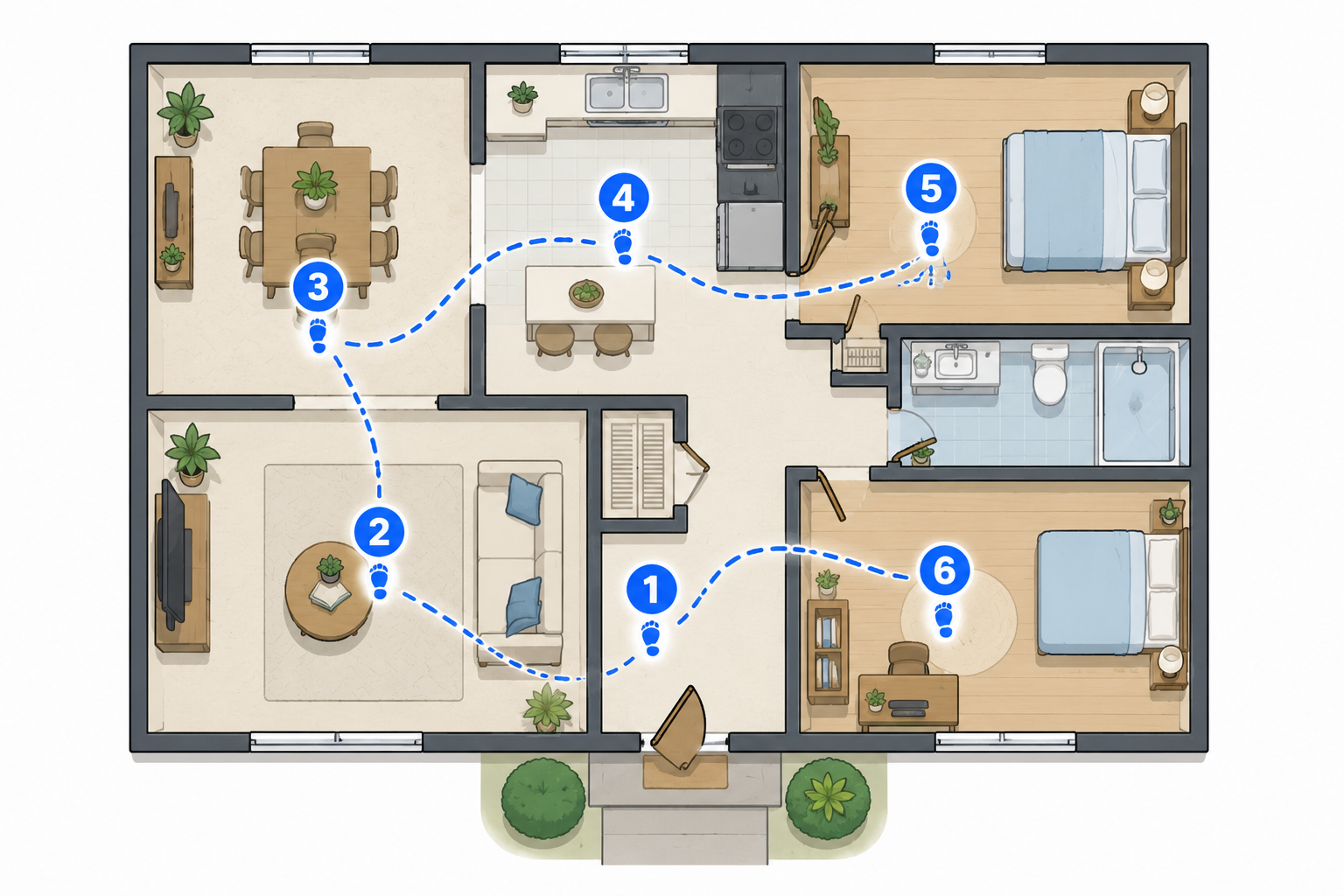 Floor plan showing a numbered walking path suggesting the best room-by-room order to capture panoramas