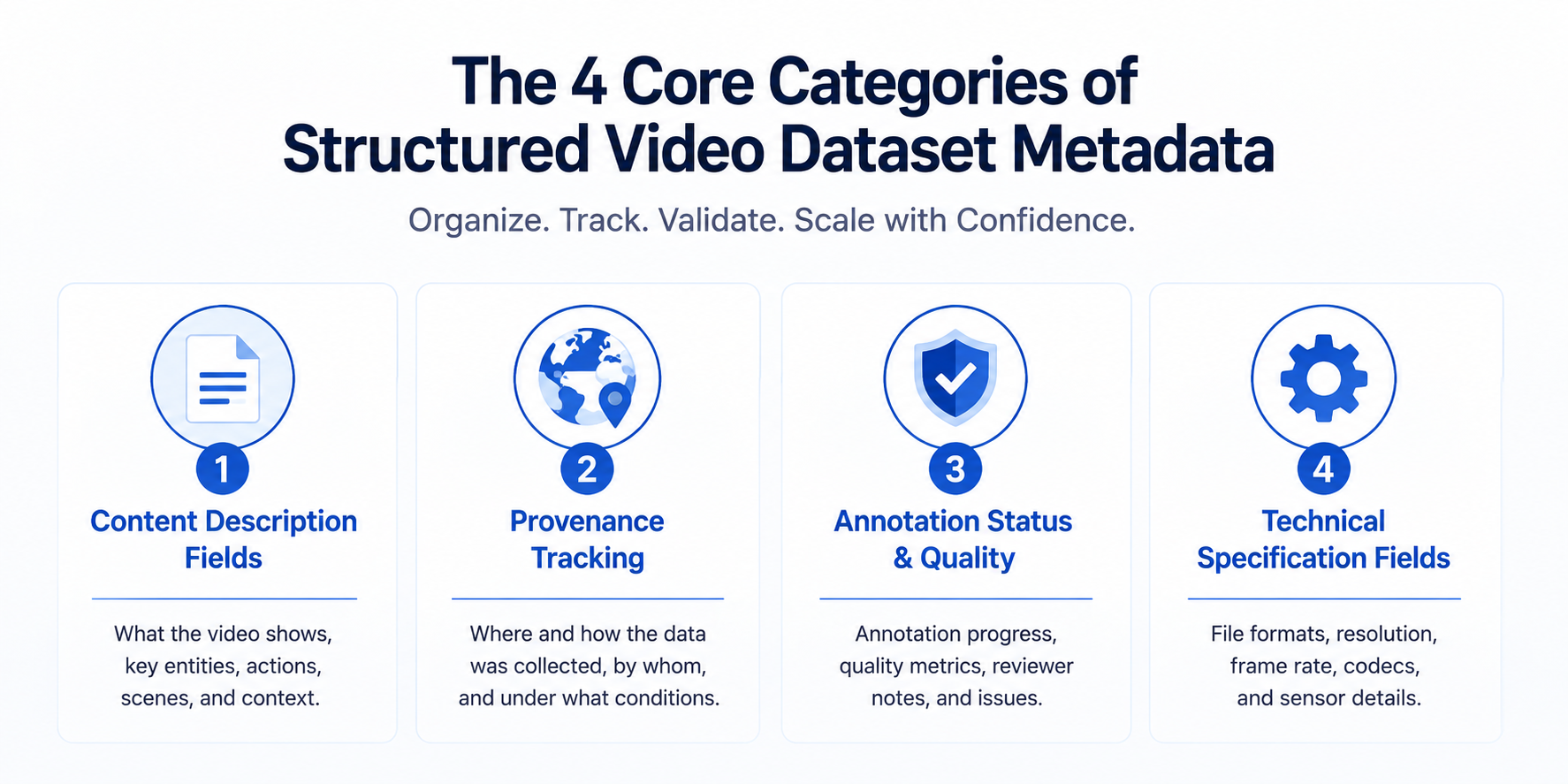 Infographic of four core categories of structured video dataset metadata