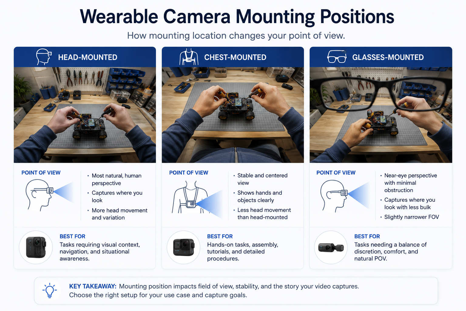 Illustration comparing wearable camera mounting positions for egocentric video capture
