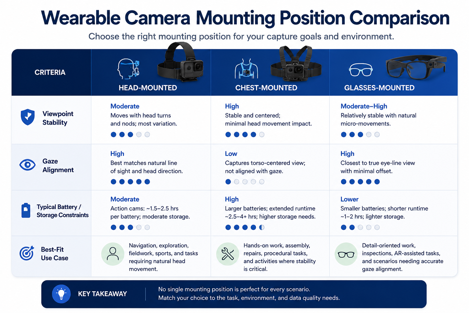 Comparison table of head-mounted, chest-mounted, and glasses-mounted wearable cameras