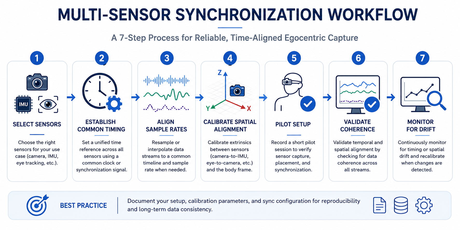 Flowchart of the multi-sensor egocentric capture synchronization and validation workflow