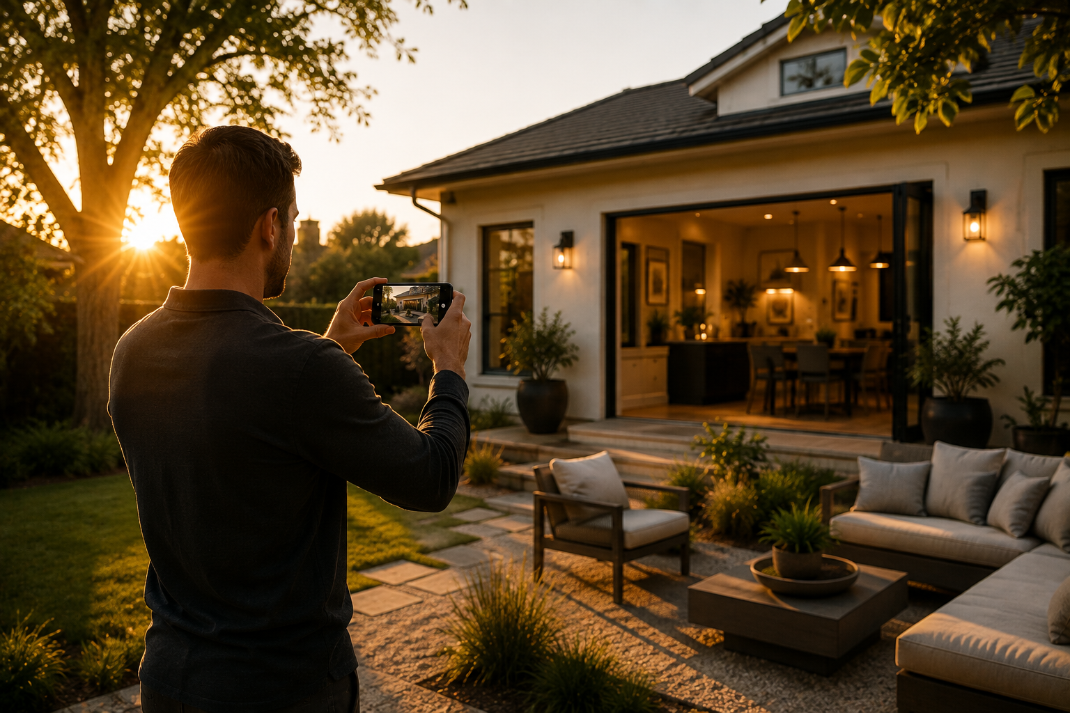 Filming a real estate video outdoors during golden hour for the best lighting