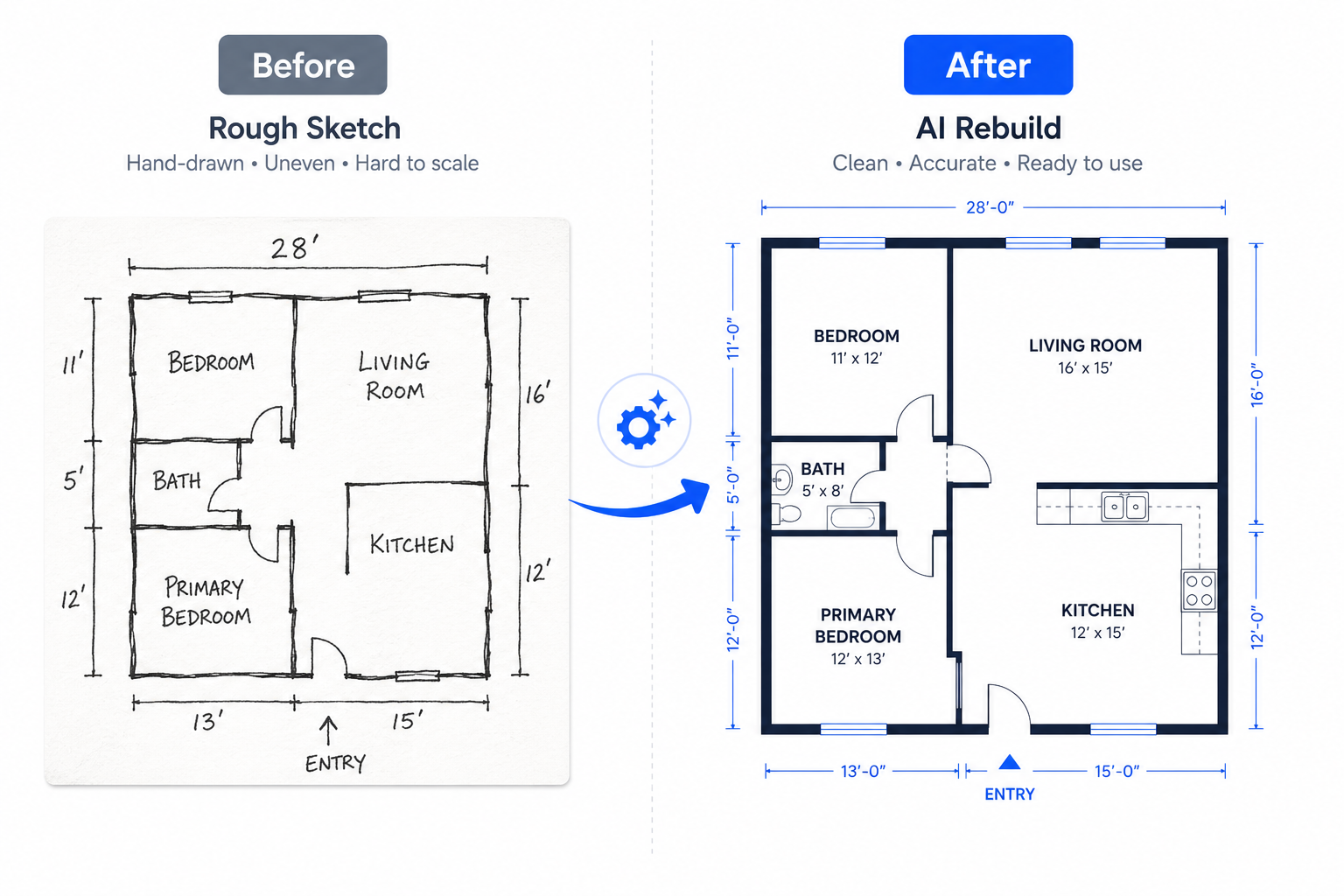 Before and after comparison of a rough hand-drawn sketch turned into a clean floor plan.
