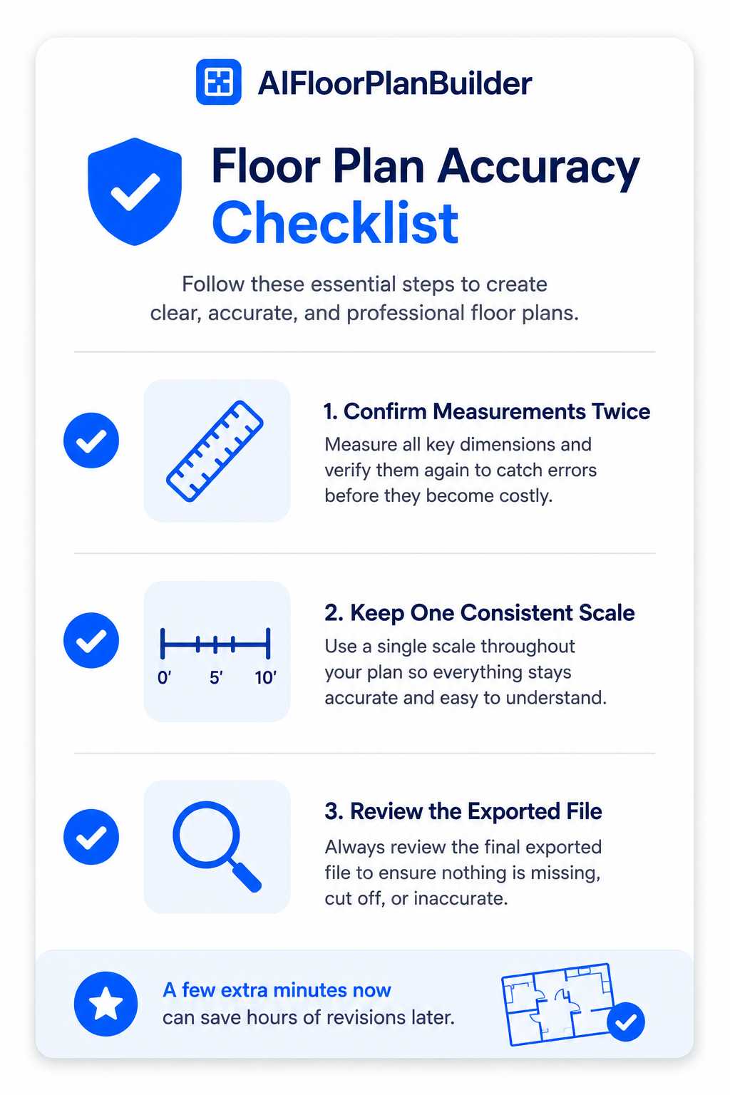 Checklist of floor plan accuracy tips to check before sharing a finished plan.