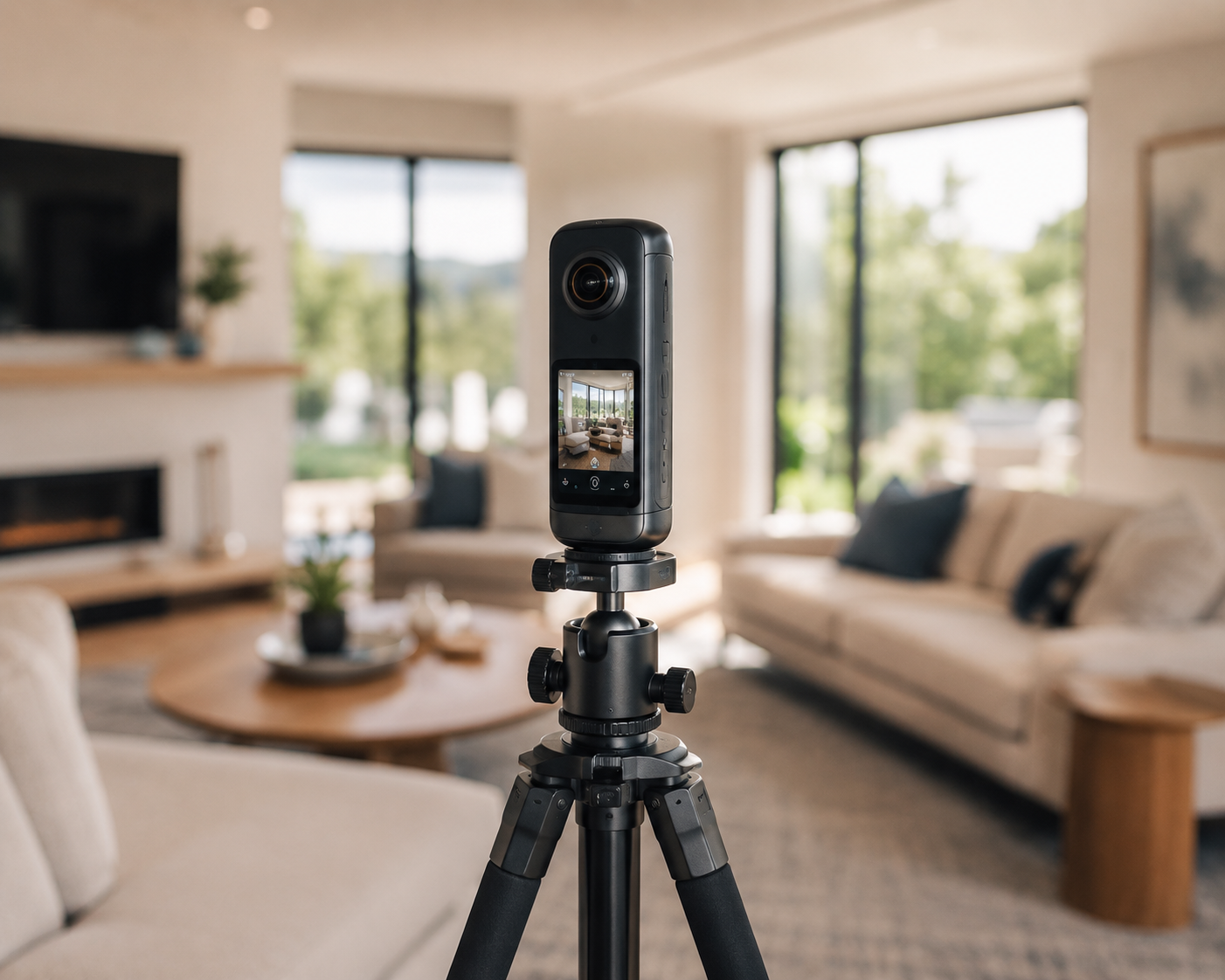 Best 360 camera for real estate virtual tours mounted on a tripod in a bright living room