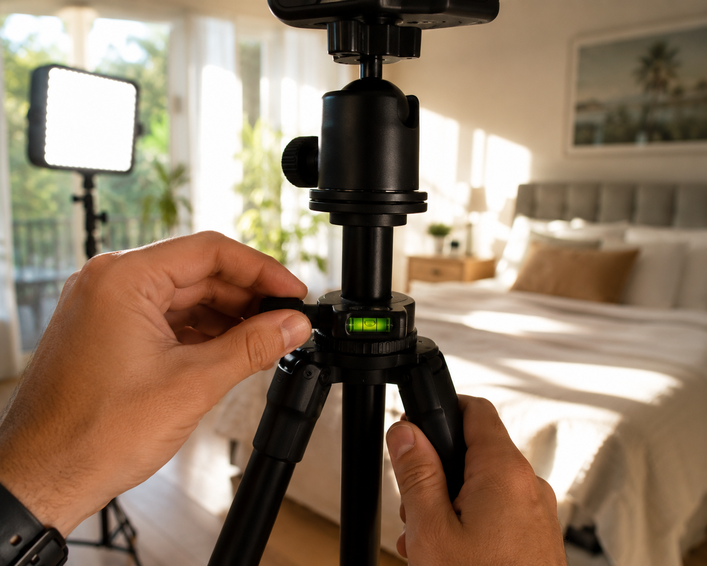 Photographer leveling a tripod for virtual tour equipment real estate photography setup