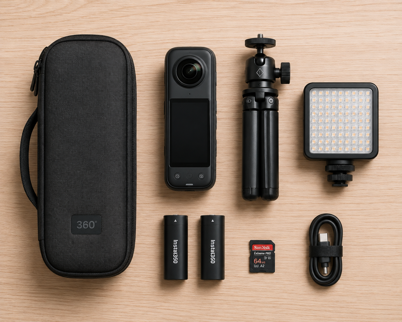 Flatlay of a complete real estate virtual tour gear list including camera, tripod, and lights