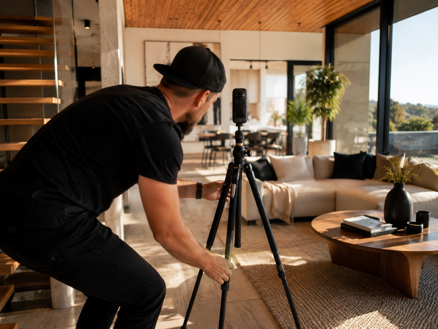 Photographer shooting a virtual tour with a 360 camera in a bright real estate listing