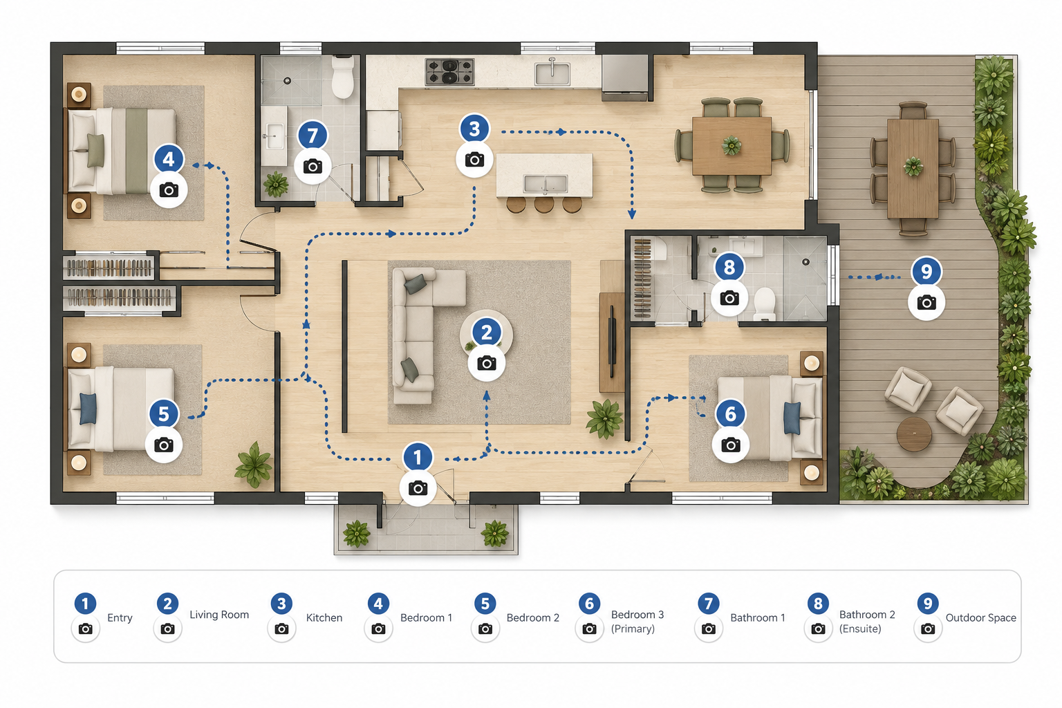 Diagram showing the step by step virtual tour photography shot order through a home
