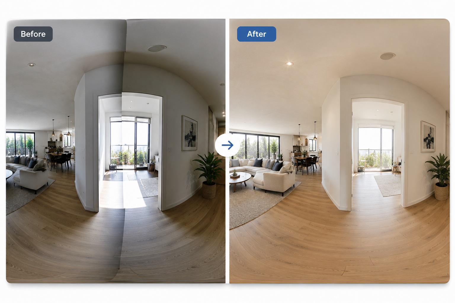 Before and after comparison of a raw capture versus a stitched virtual tour