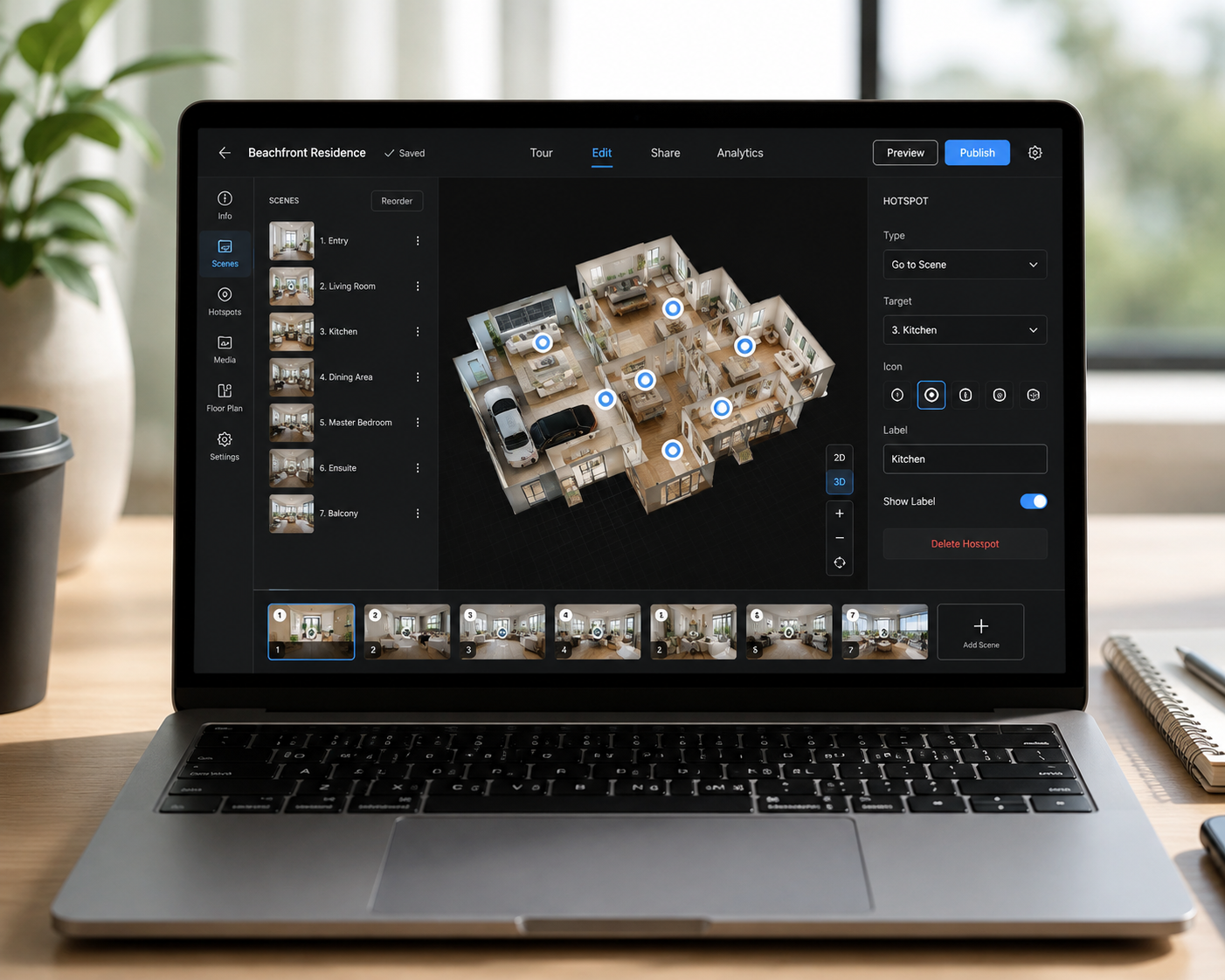 Virtual tour stitching software tutorial showing hotspot navigation being set up on a laptop