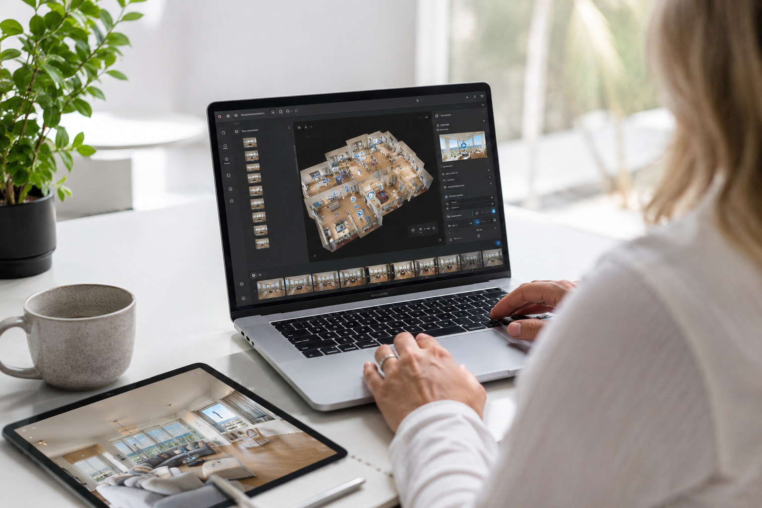 Real estate agent comparing virtual tour software platforms on a laptop