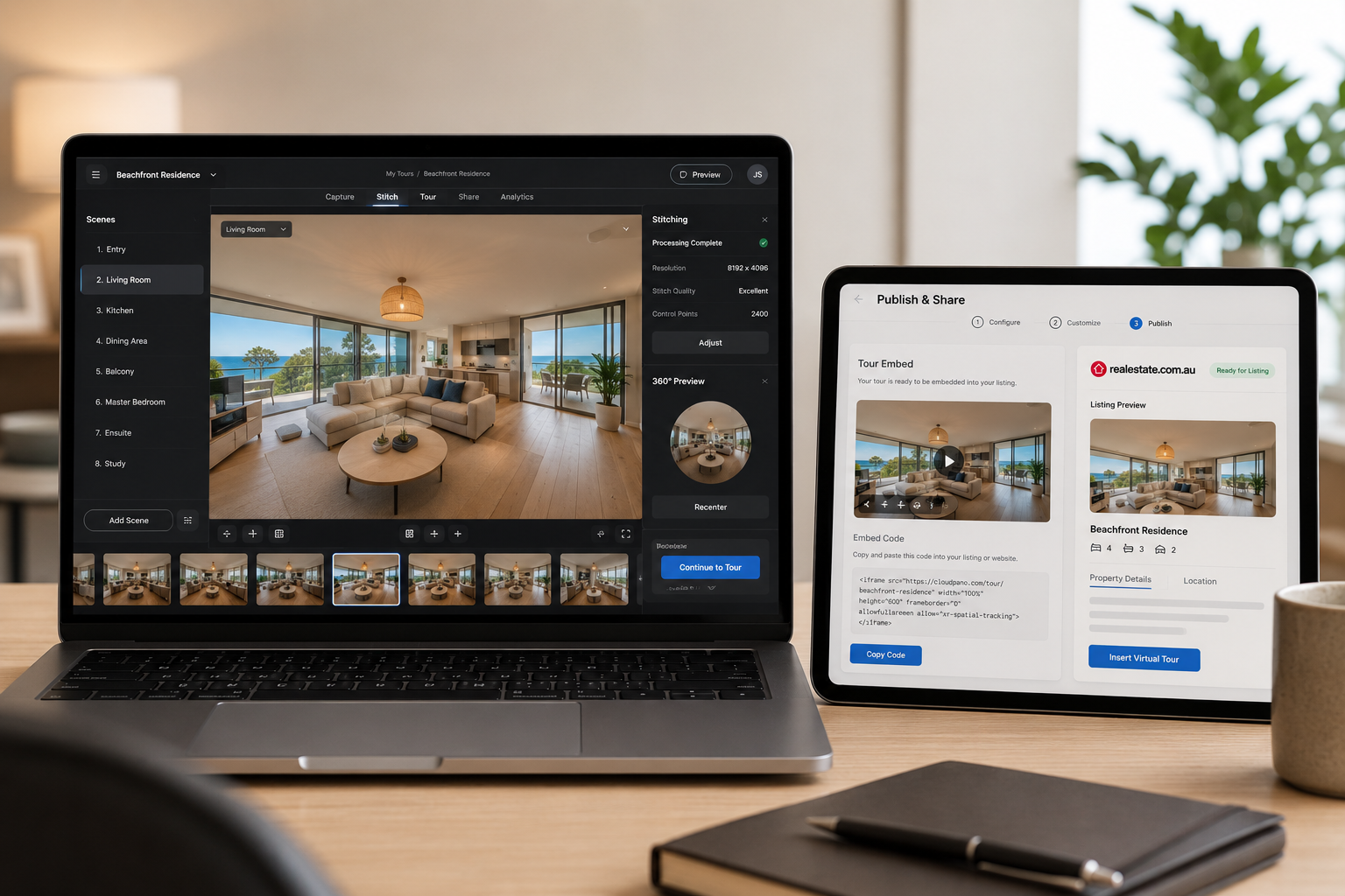 Real estate 360 tour platform workflow shown on a laptop and tablet