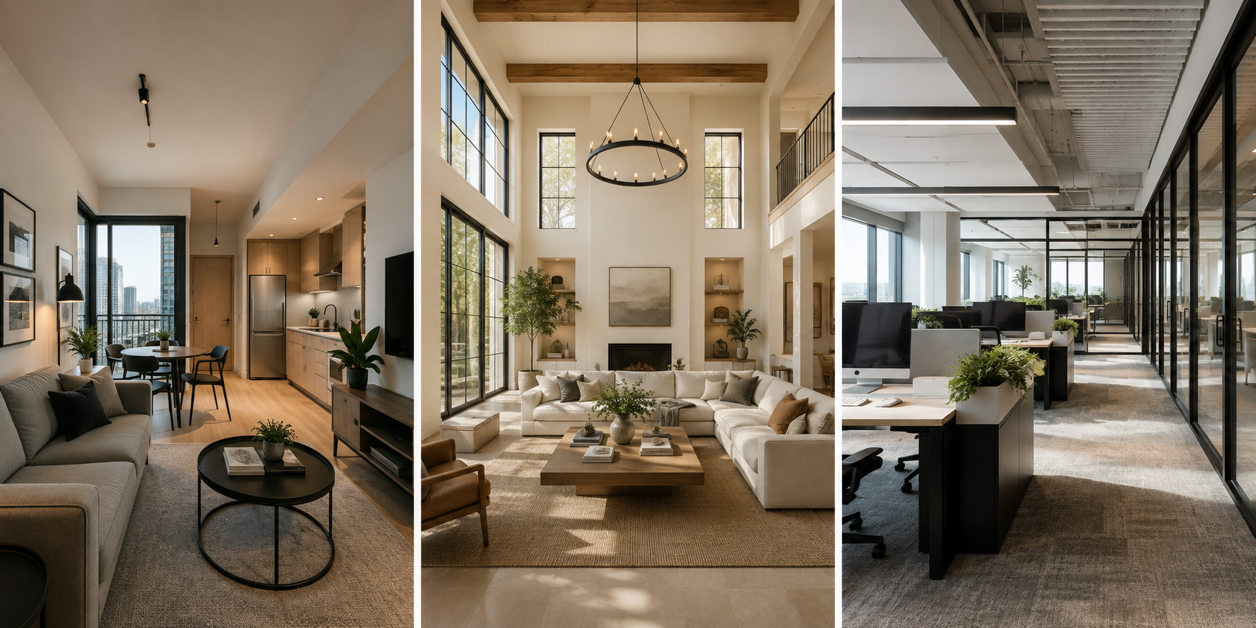 Split hero image showing virtual tours for different property types including an apartment and a house