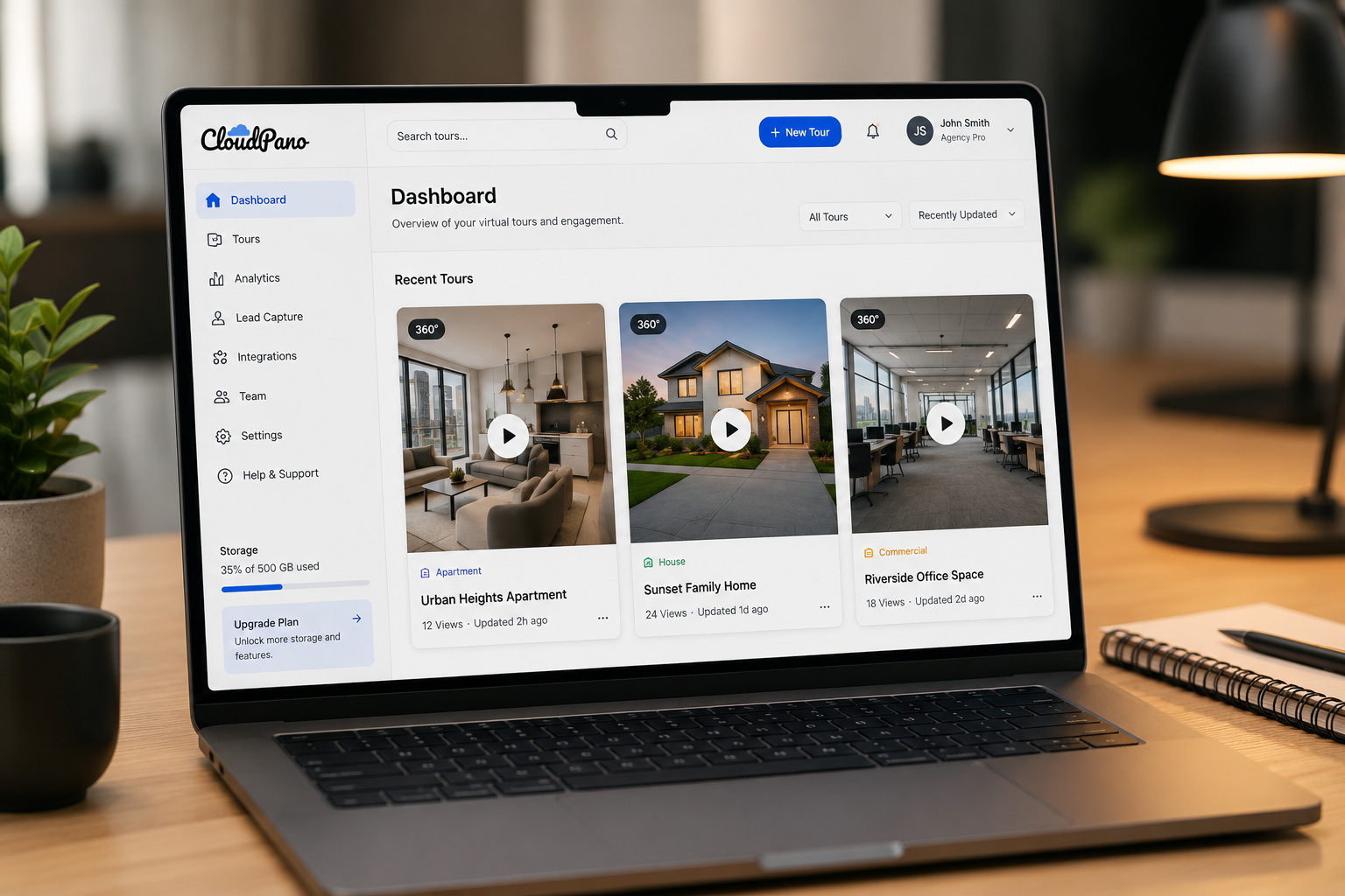 CloudPano virtual tour software displaying tours for different property types side by side