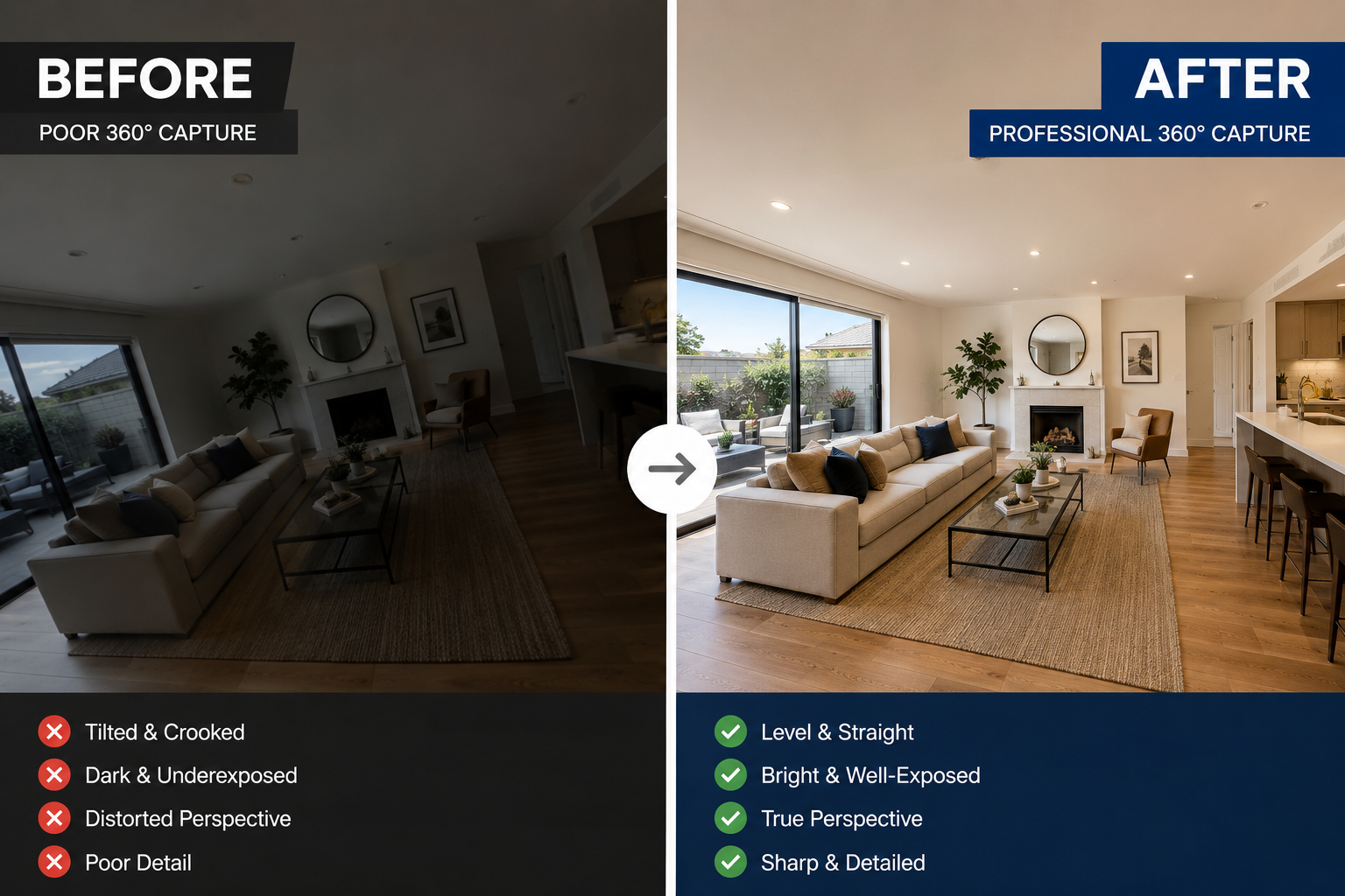 Split image showing a common virtual tour mistake real estate photographers make versus a corrected shot