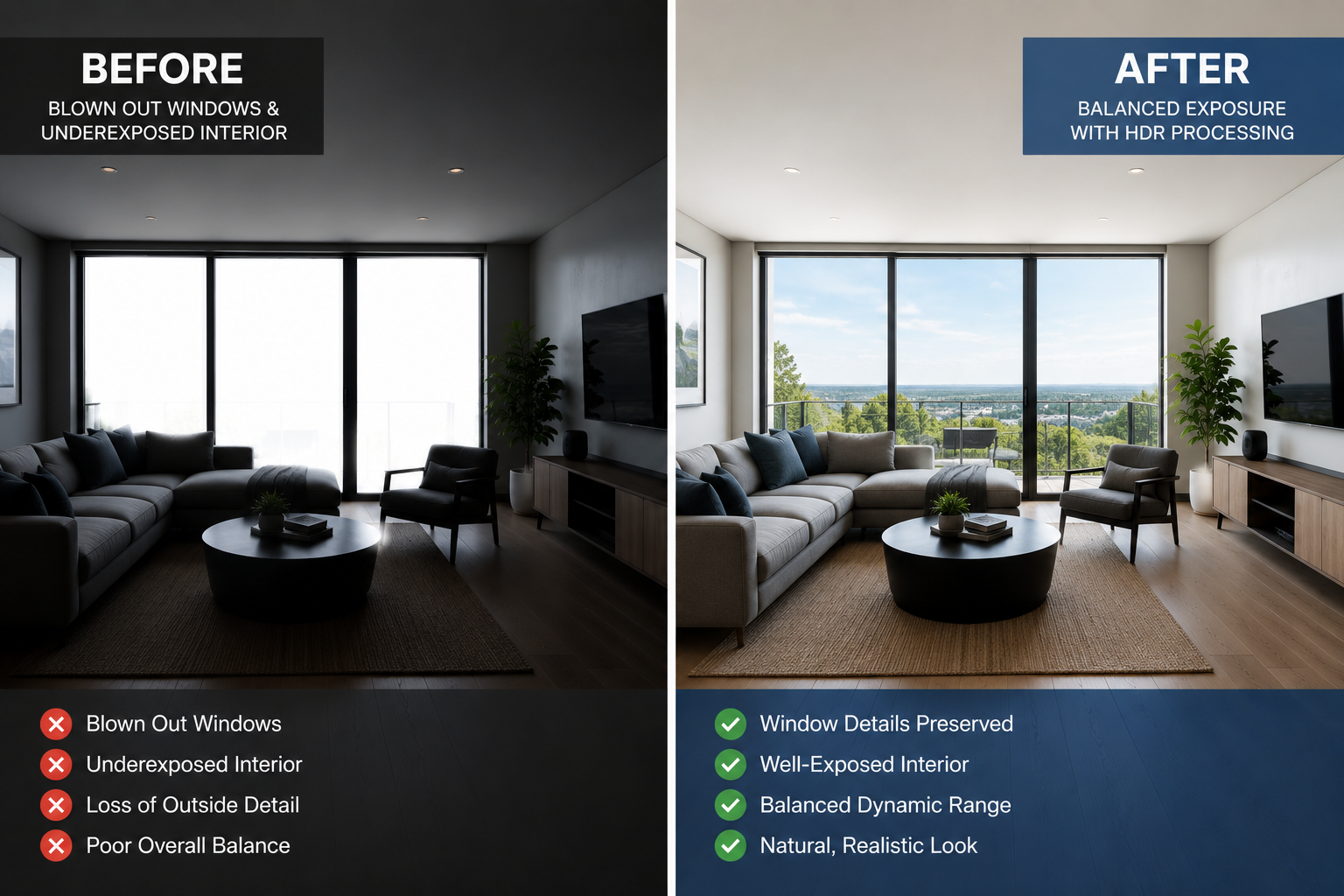 Comparison of poor versus balanced lighting exposure in a virtual tour photography shoot