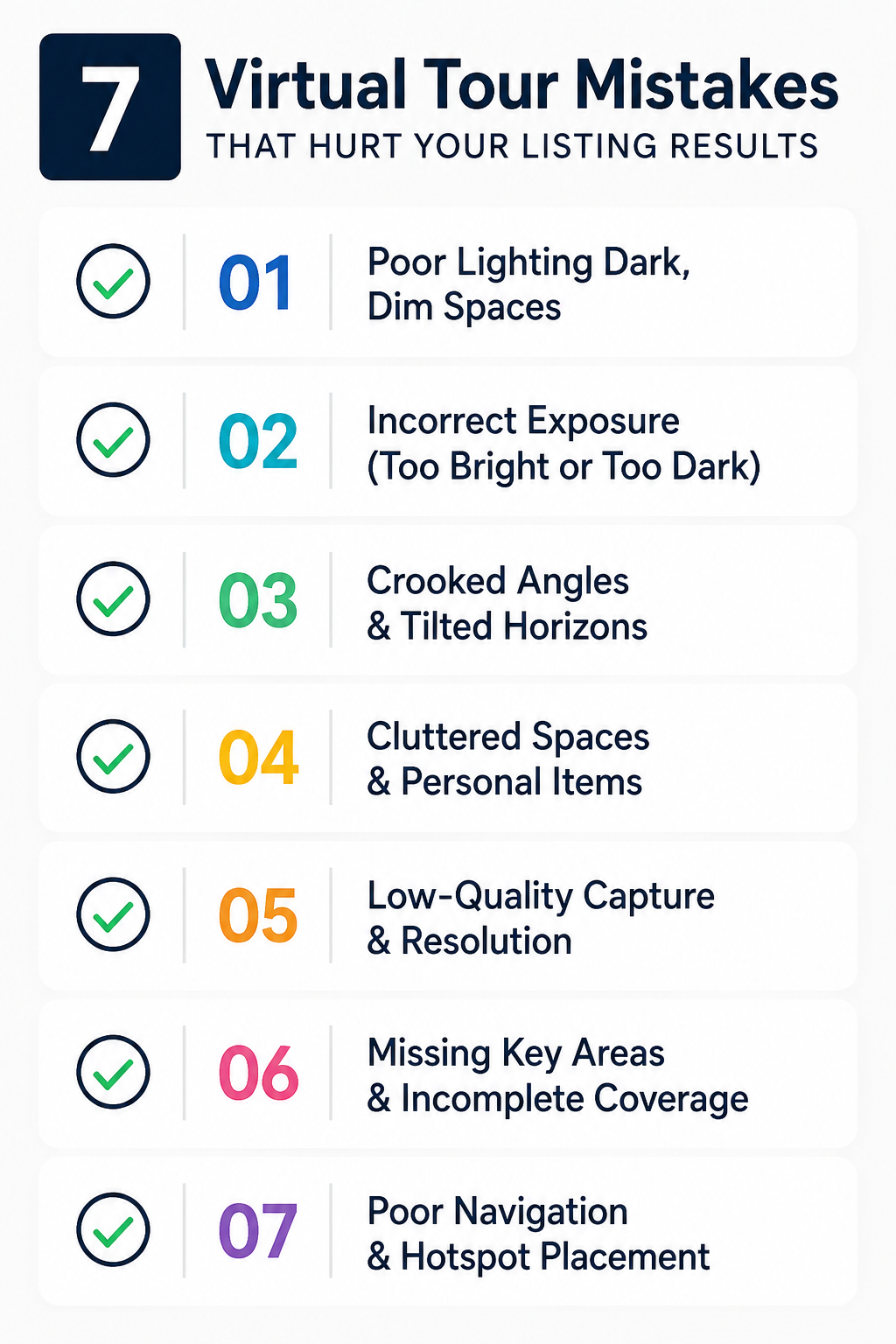 Checklist graphic of real estate 360 tour tips for a consistent shooting process