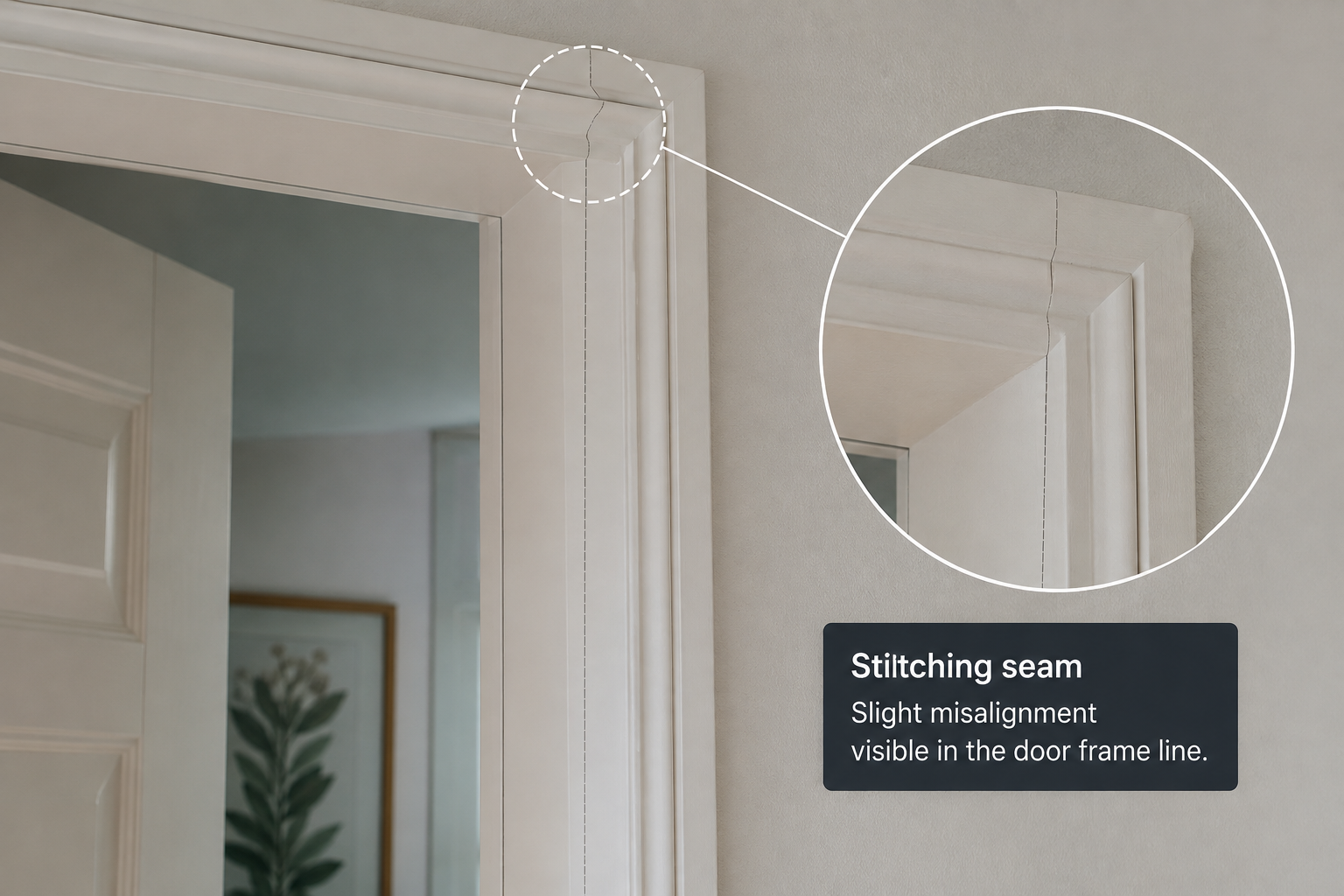 Close-up of a virtual tour stitching seam mistake at a doorway