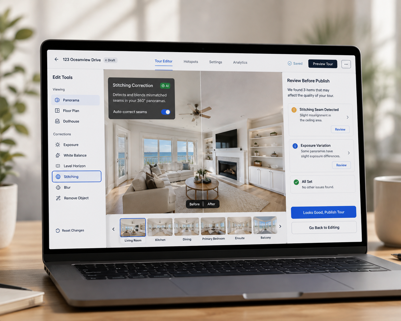CloudPano editing interface used to fix common virtual tour mistakes before publishing