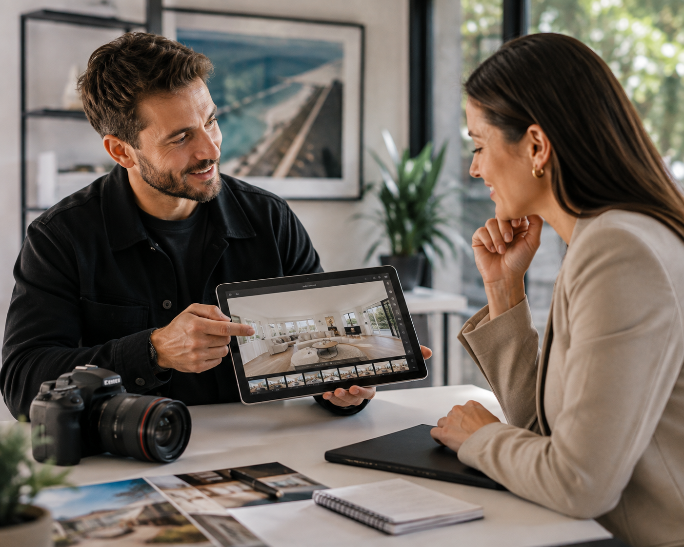 Photographer pitching virtual tour services to a real estate agent in an office meeting
