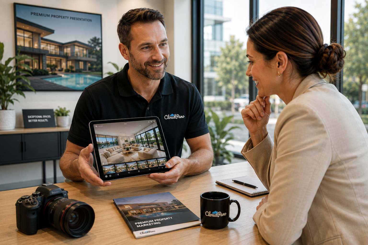 Photographer pitching a virtual tour idea to a real estate agent using a tablet
