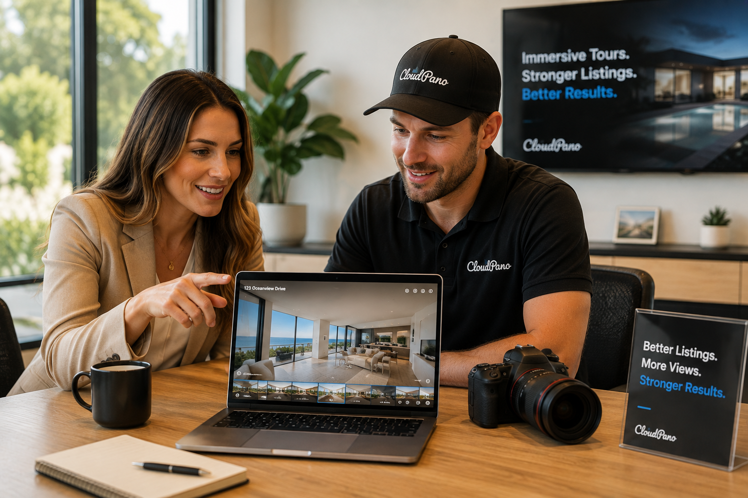 Real estate agent and photographer reviewing a CloudPano virtual tour together as a repeat client relationship
