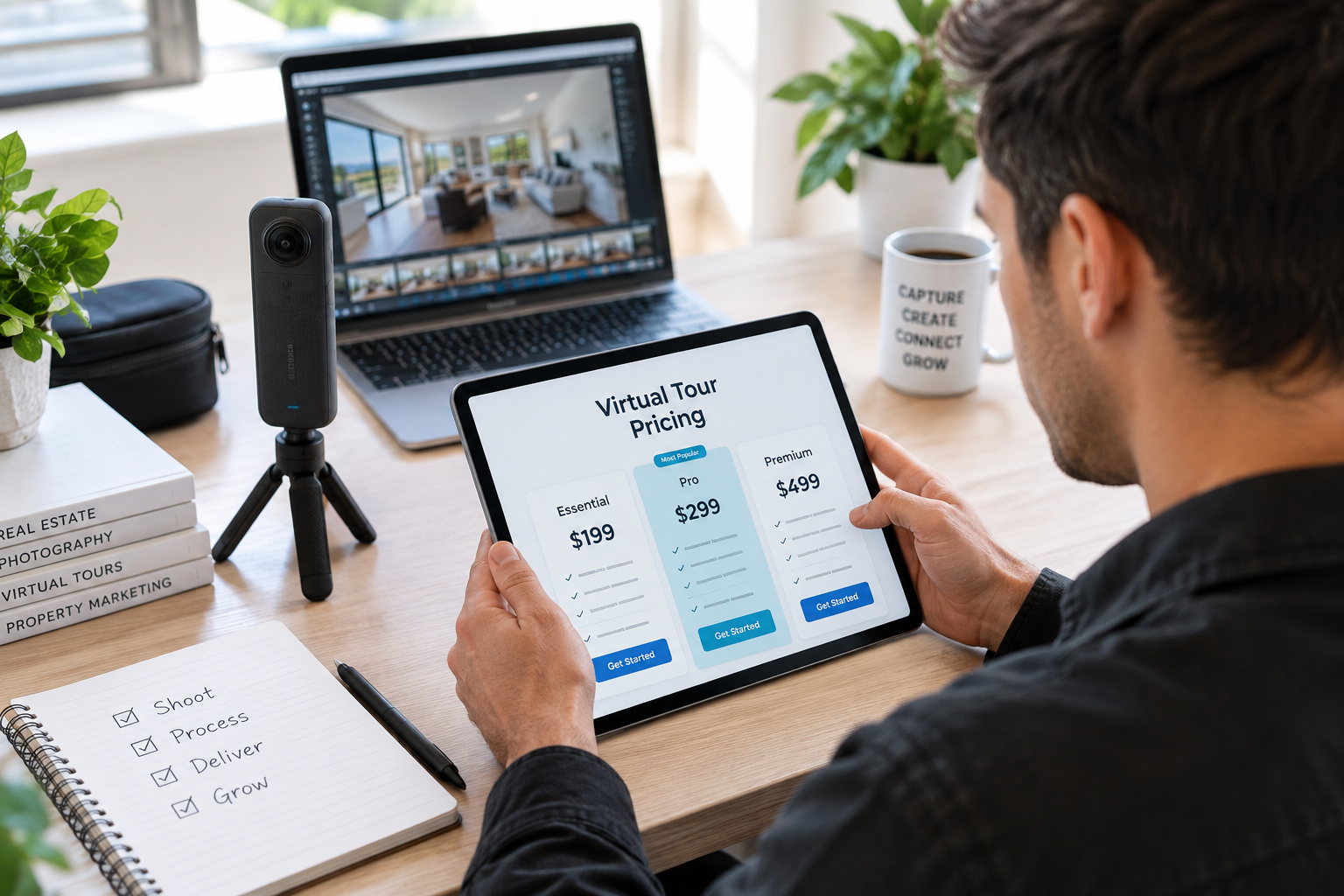 Photographer reviewing a virtual tour pricing rate card on a tablet