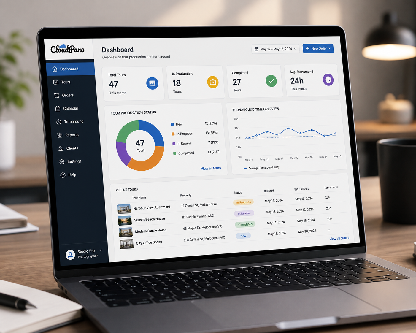 CloudPano software dashboard supporting an efficient, well-priced virtual tour workflow