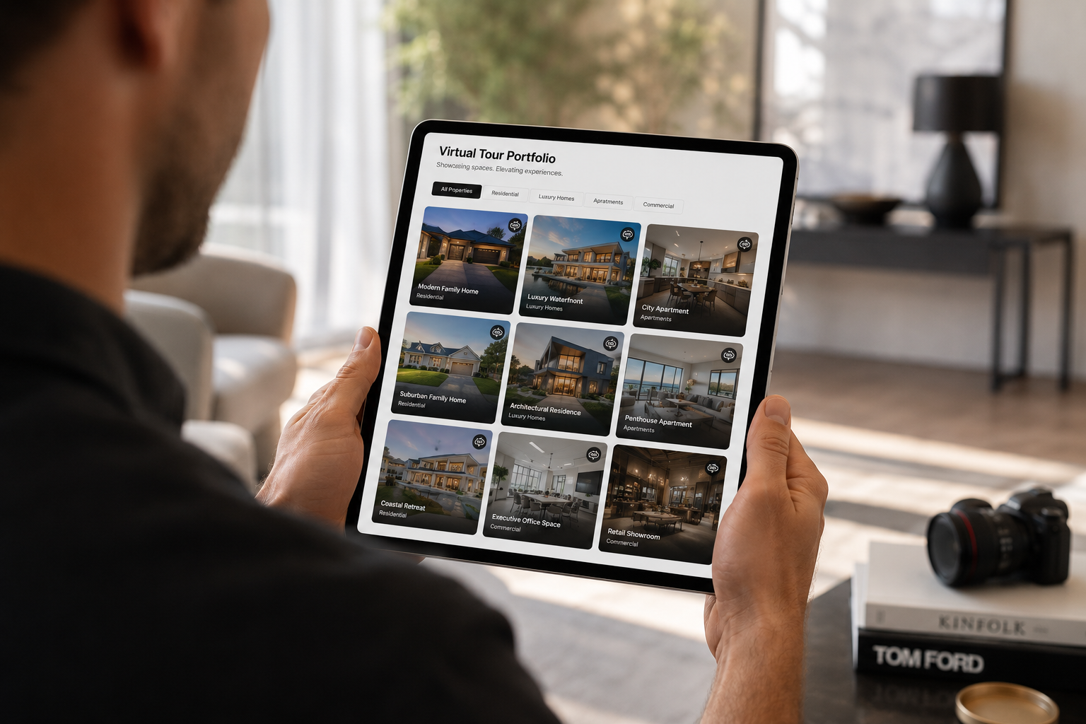 Photographer presenting a virtual tour portfolio for real estate clients on a tablet