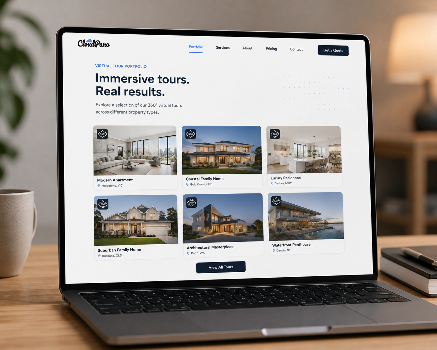 Mockup of a landing page used to showcase virtual tour work to agents