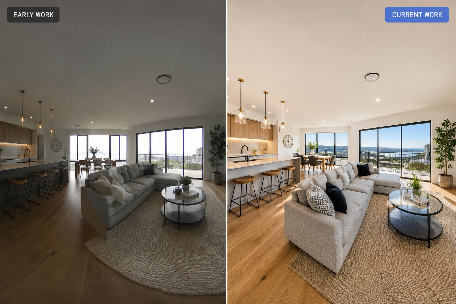 Before and after comparison showing portfolio-quality improvement in virtual tour work