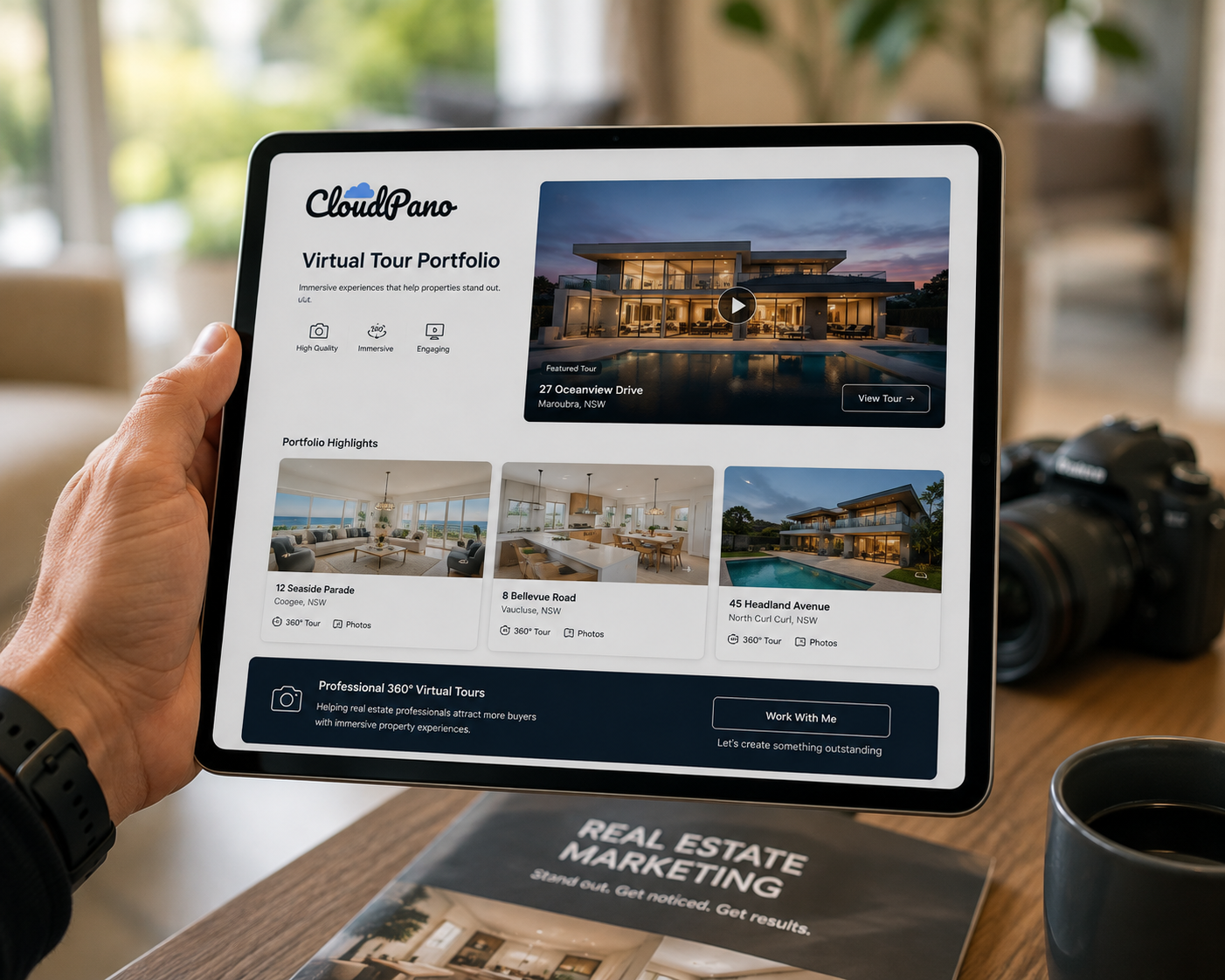 CloudPano portfolio ready to present the moment a new real estate agent lead appears