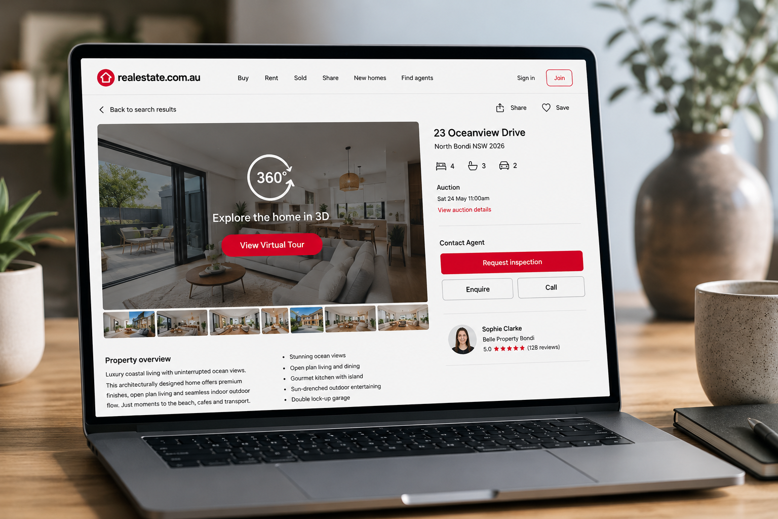 Real estate listing on a laptop screen showing a published virtual tour on realestate.com.au
