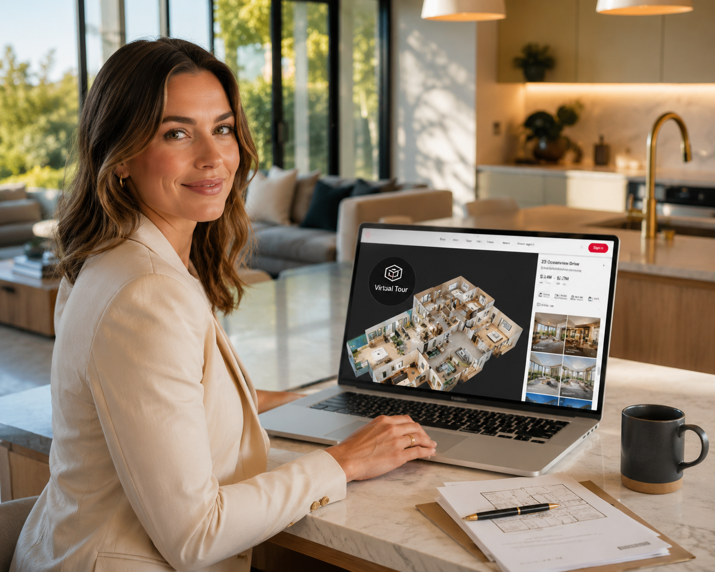 Real estate agent viewing a virtual tour of a home linked to a realestate.com.au listing on a laptop.